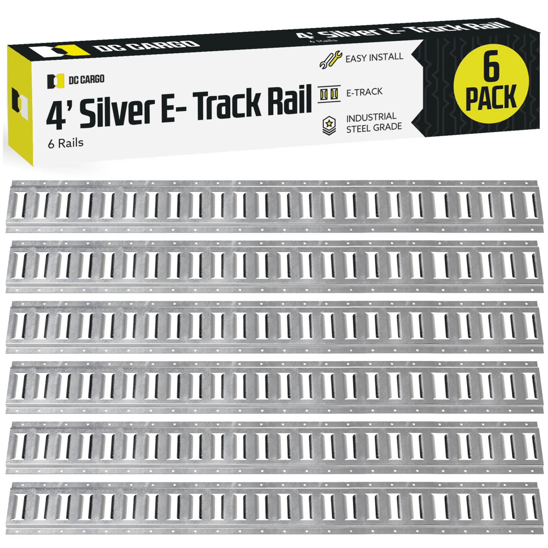 DC Cargo - E Track Tie Down Rail Kit 4' (6 Pack) for Garages, Vans, Trailers, Motorcycle Tie Downs, ATV Mountings - ETrack Bar Rails – Galvanized Steel - Secure Cargo & Heavy Loads Up to 2,000 lbs