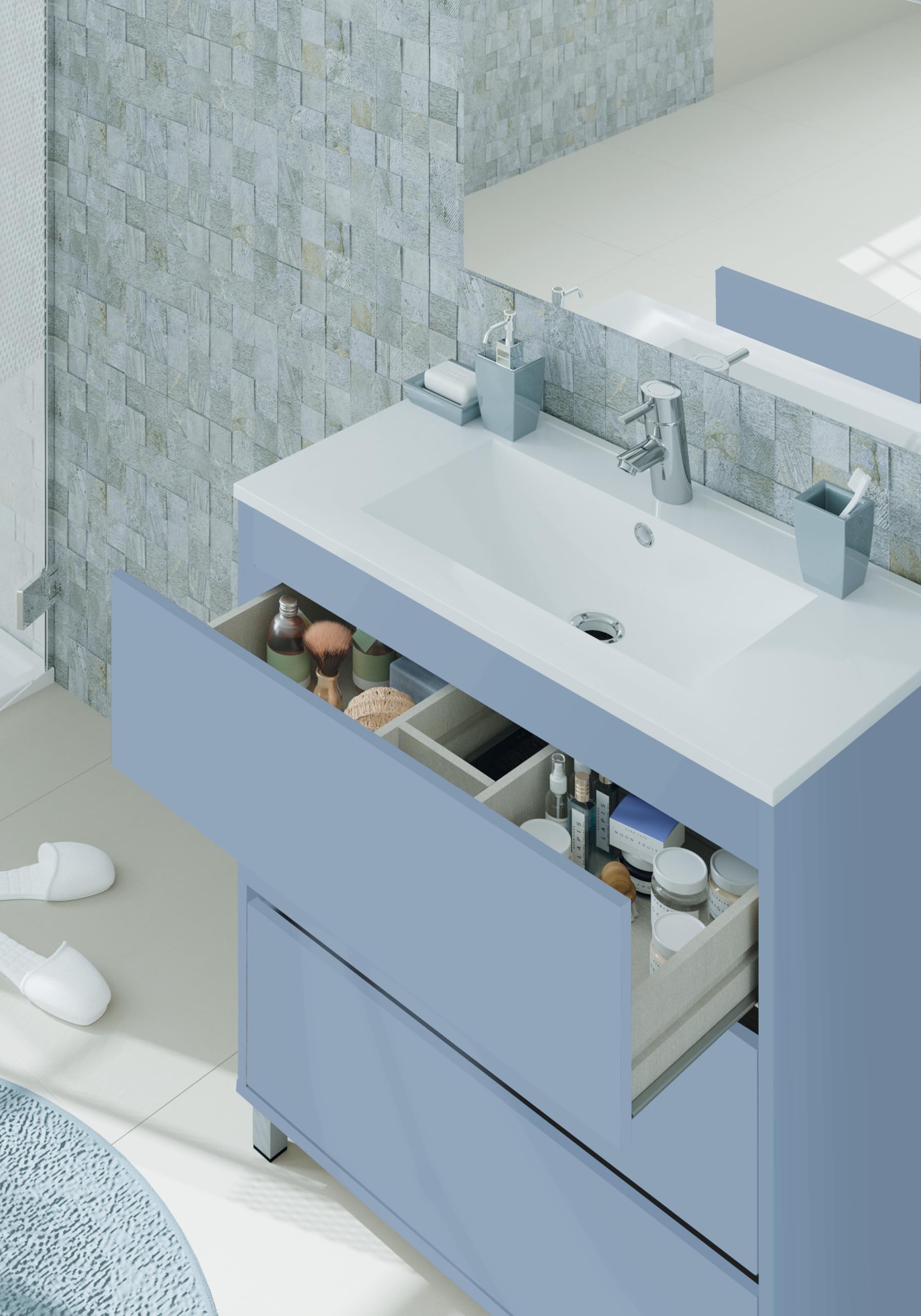 MUEBLES PITARCH | Conjunto Mueble de Baño con Lavabo cerámico y Espejo Incluido, Azul, 3 Cajones, 80cm, Ancho con Patas, Roble Cambrian, para Lavabo encastrado, Estilo Moderno Modelo Kalma