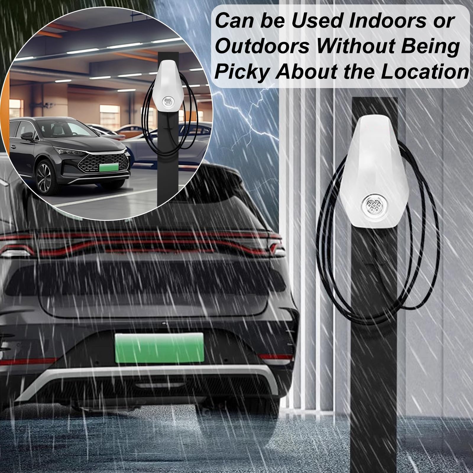 Estación de Carga para Vehículos de Nueva Energía, Columna Dedicada para Cargador Coche Eléctricos, con Gancho para Cable y Placa Posterior, Compatible con la Mayoría de Las Pilas de Carga(Black)