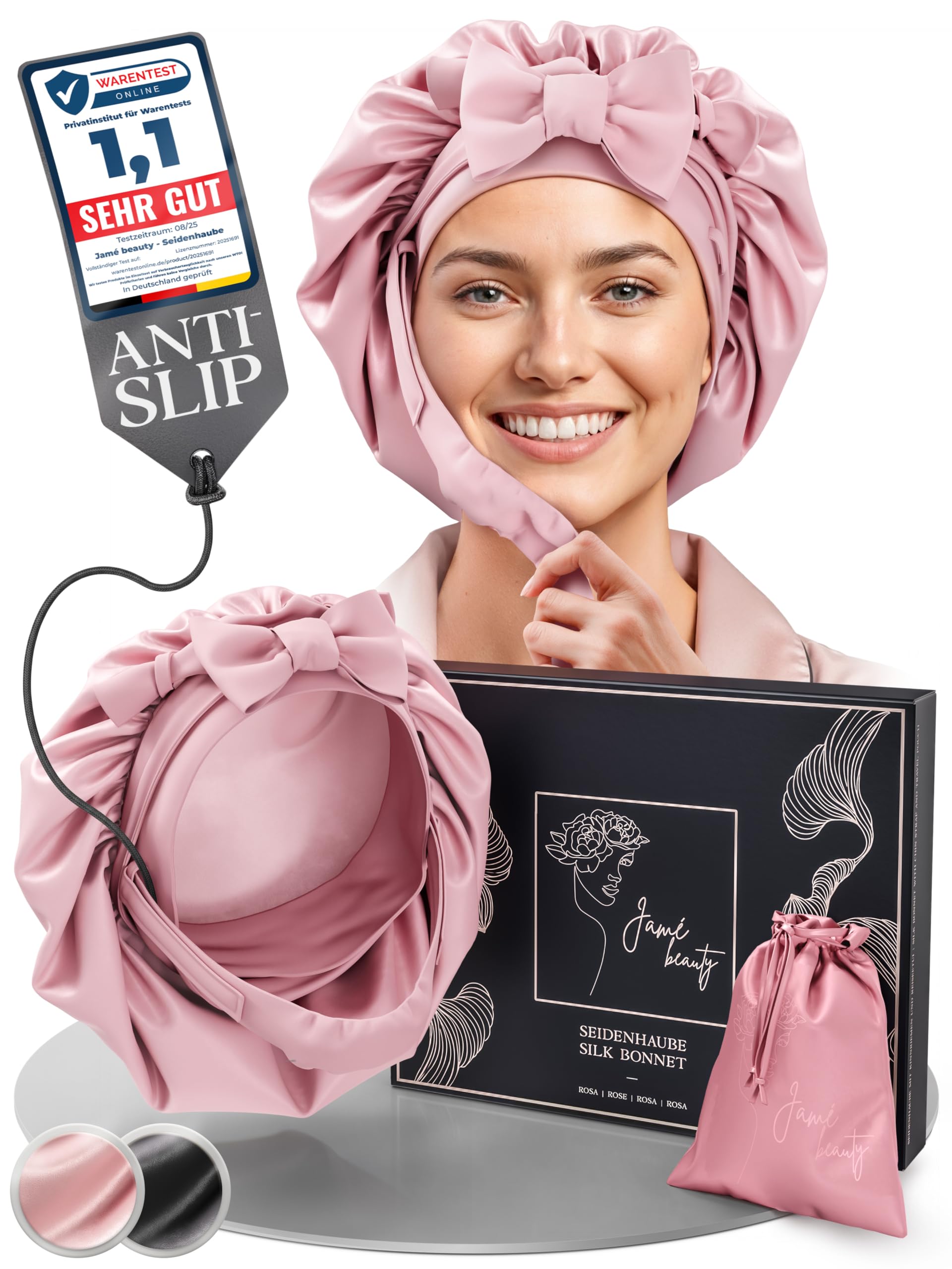 Jamé beauty® Seidenhaube zum Schlafen - 100% Maulbeerseide I Schlafhaube Seide - Idealer Schutz vor Frizz, Haarbruch & Knoten I Silk Bonnet mit Kinnriemen für extra Halt I Doppellagige Schlafmütze