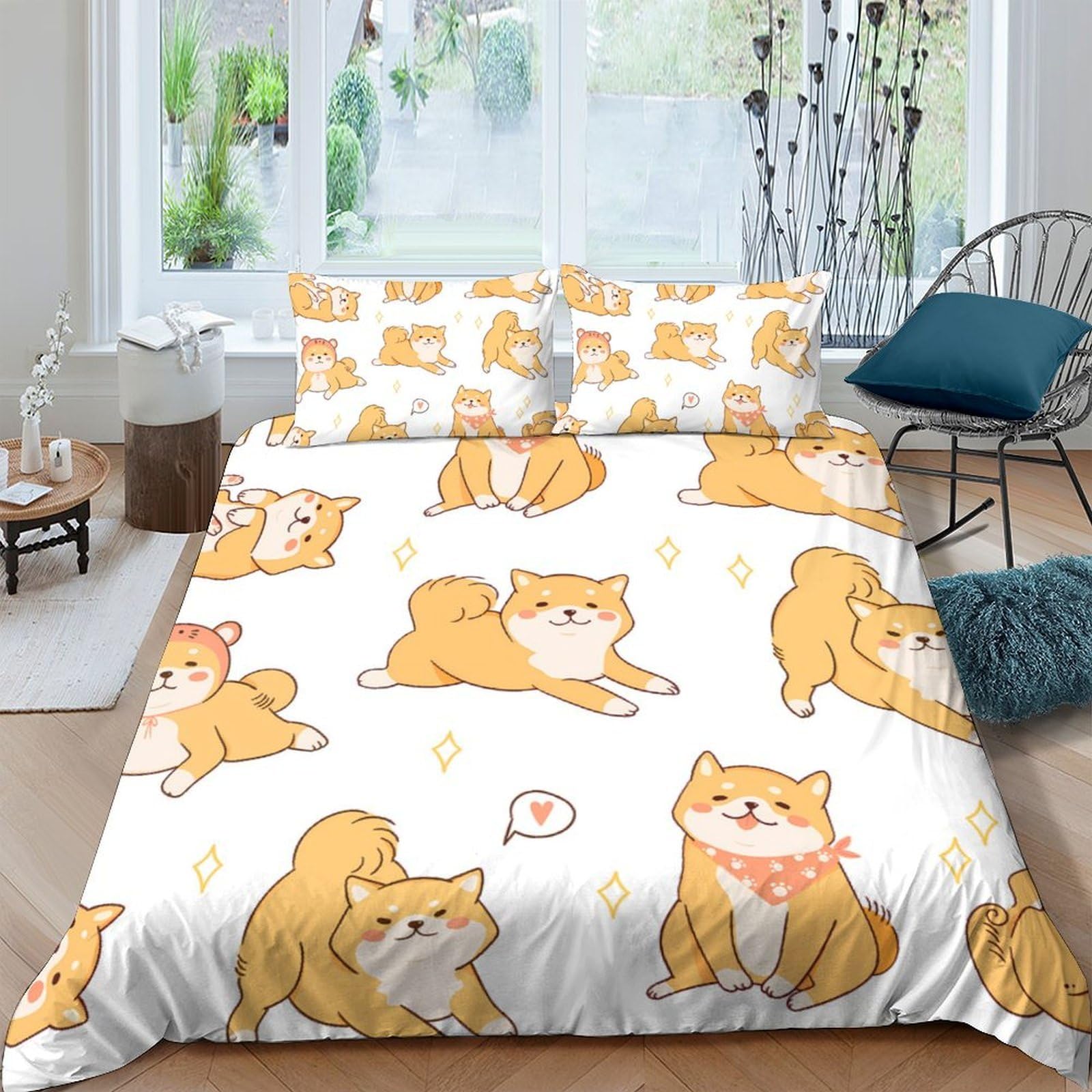 Ctjqhvkz Style-10 3D Printed Shiba Inu Cartoon Fitted Sheet Microfiber Cute Dog Bed Cover Anti-Slip Easy Care For Bedroom Home Single（135X200cm）