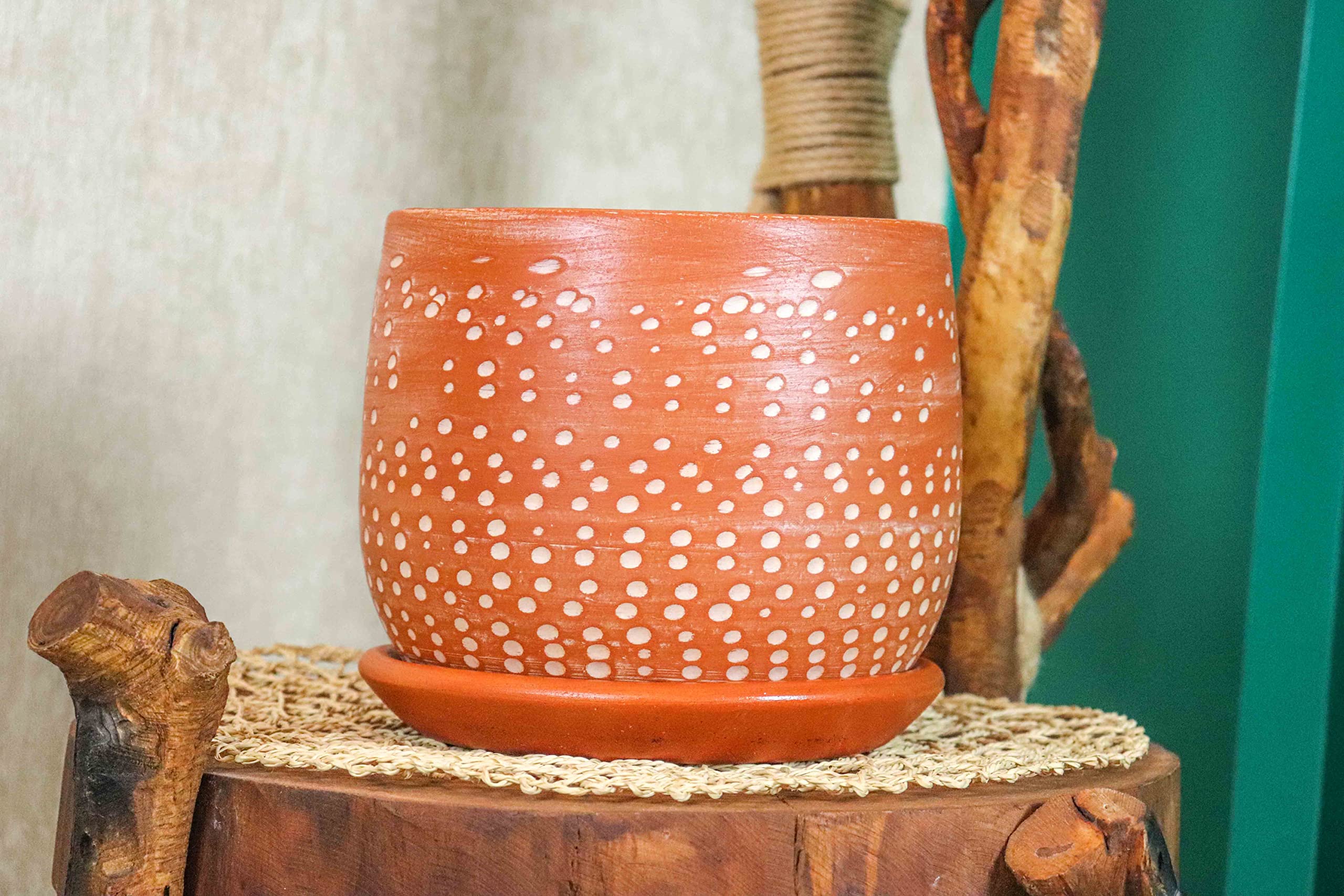 Ev Dekorasyon Beyaz Nokta Desenli Doğal Tabaklı Terracota Toprak Saksı Saksılık Salon Çiçeklik 19 CM