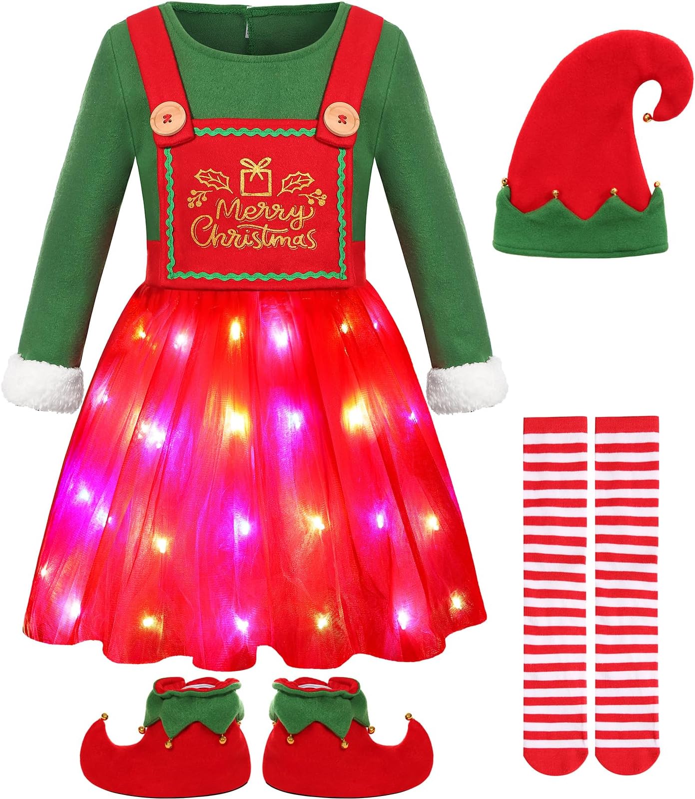 GorkonpyElf Costume for Girls Kids Christmas Girl Light Up Elf Dress