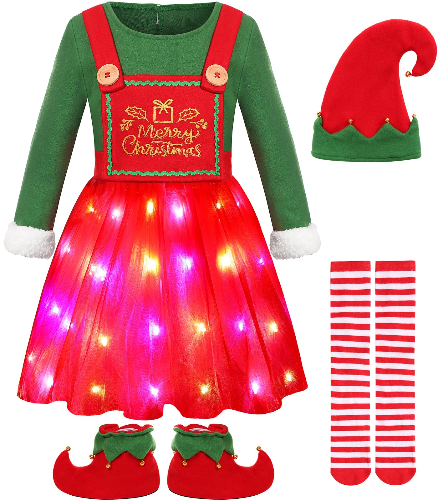 GorkonpyElf Costume for Girls Kids Christmas Girl Light Up Elf Dress
