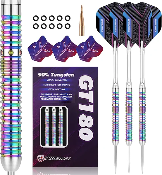 WIN.MAX Darts Metal Tip Set - 90% Tungsten Steel Tip Darts Set Professional 20/22/23/24/26/28 Grams Pro Dart Set with Extra 3 Flights