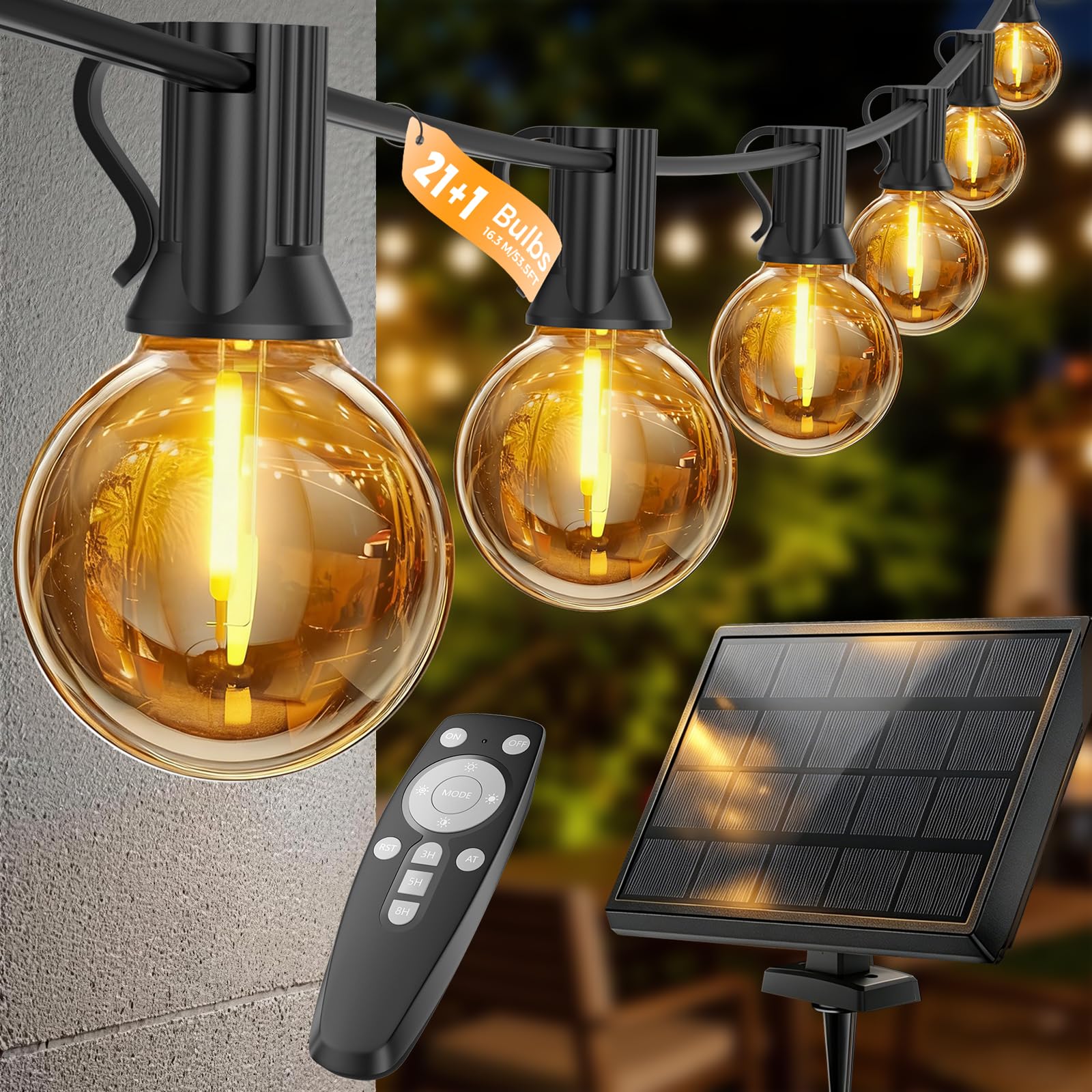 Solar Festoon Lights Outdoor 16.3M - Remote Control String Lights, USB Charging AT Timer, Dimmable & 4 Modes,Unique Glass Solar Panel, Waterproof G40 LED Garden Lights Outside Gazebo Pergola Patio