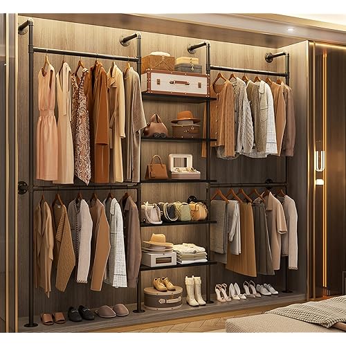 Aheaplus Industrial Pipe Clothing Rack, Reversible 6.42FT Clothes Rack for Hanging Clothes, Heavy Duty 5-Tier Closet Wardrobe Garment Racks with Shelves, Corner Closet Organizer System, Black