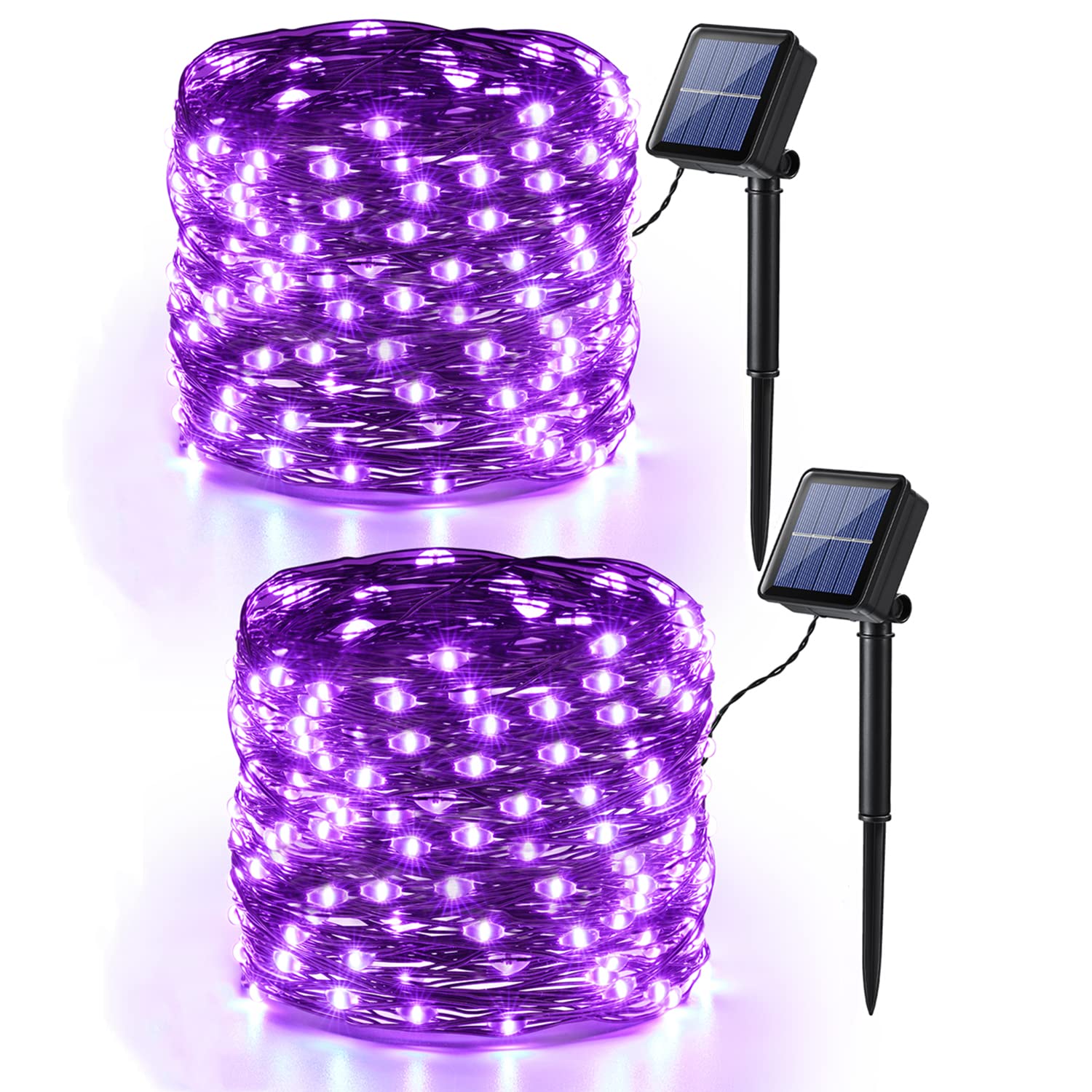 PhilzOps Halloween Catena Luminosa Viola, 2 Pezzi 14M 120 LED Luci Solari Esterno Filo di Rame Impermeabile 8 Modalità Lucine Solare Decorative per Giardino Patio Terrazze Casa Orrore Festa