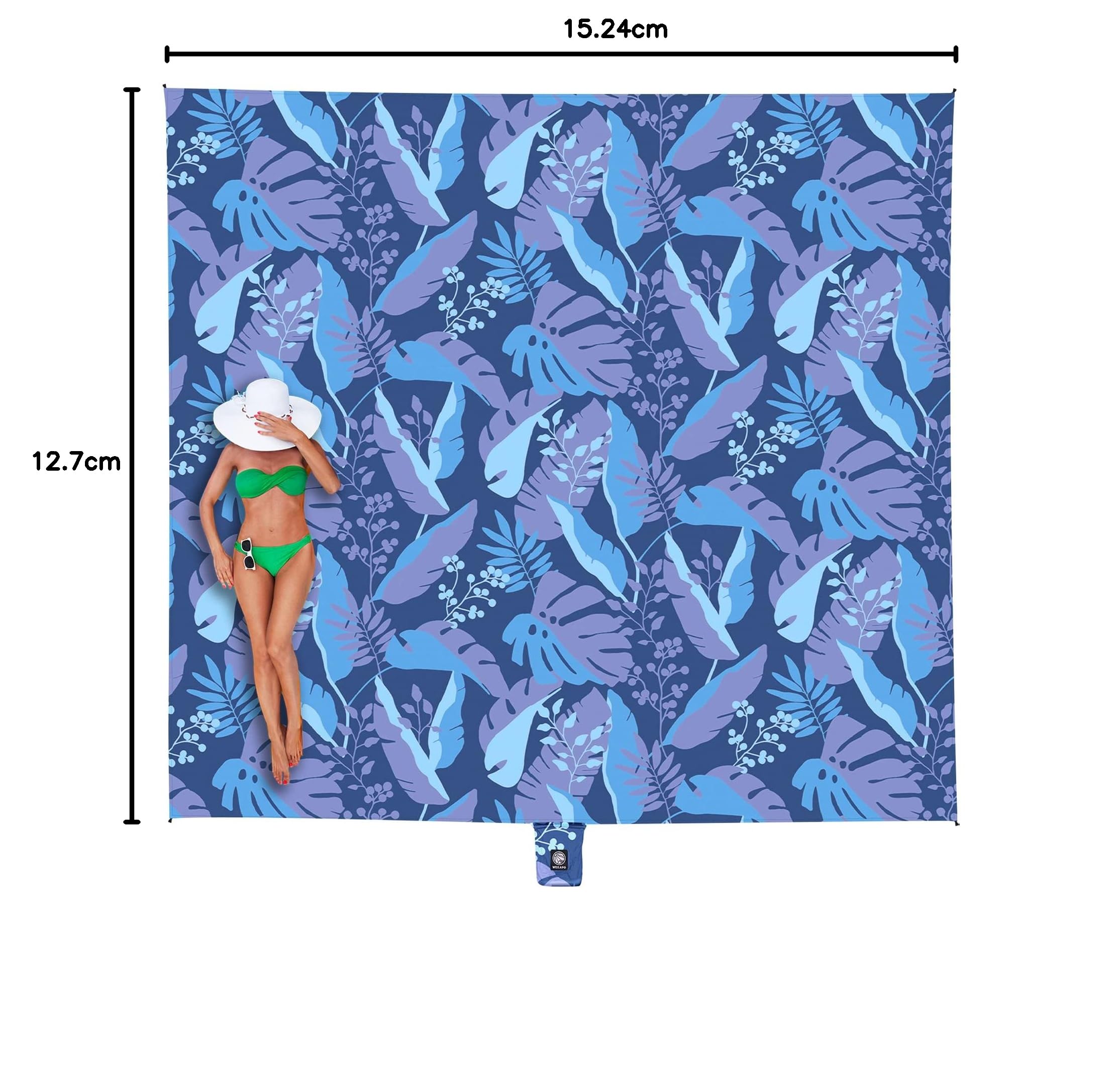 WEKAPO Couverture de plage imperméable, anti-sable, surdimensionnée, tapis de plage extra large | Tapis anti-sable, léger et compact avec 6 piquets et 4 poches d'angle (feuille bleue, 3,3 x 2,7 m (1 à 9 personnes)