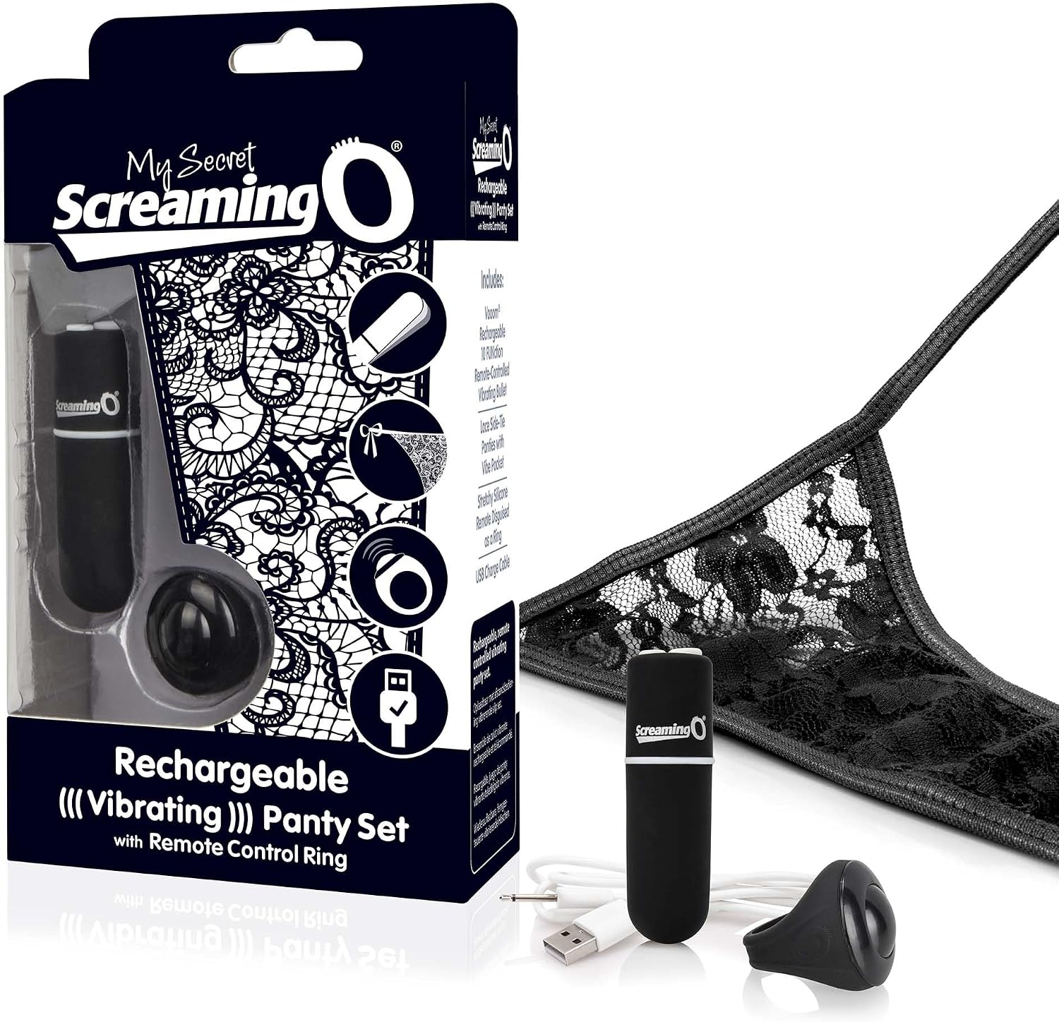 Screaming O Panty Vibrator Set for Couples, Remote-Controlled Lace, Black | Wearable lace panty + bullet vibe with partner remote ring; one-size-fits-all, 10 functions, 50ft range, rechargeable