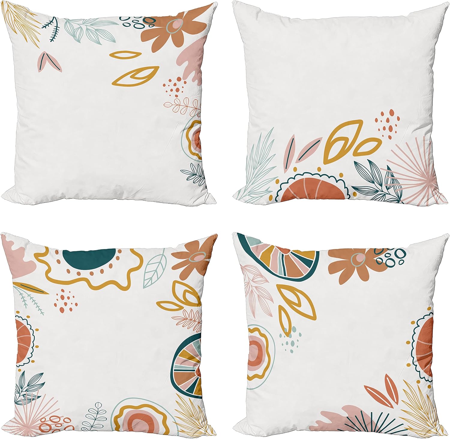 Ambesonne Floral Throw Pillow Cushion Case Pack of 4, Minimalist Flowers Meadow Leaves Spring Season Blooms on Plain Back, Modern Accent Double-Sided Digital Printing, 16", Pale Rust Mustard and Teal
