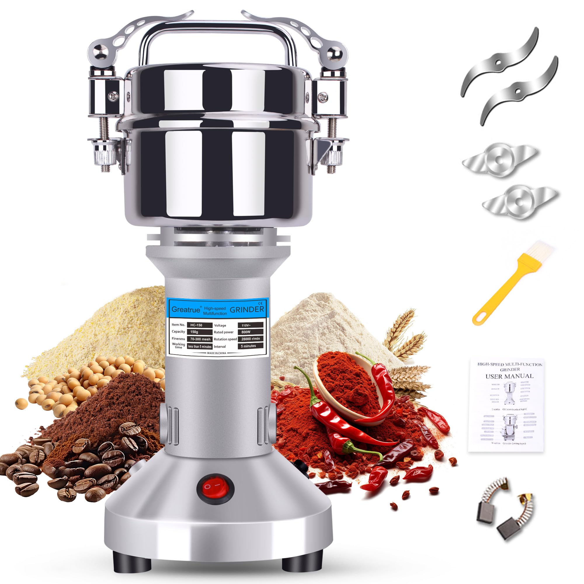 150g Grain Mill Grinder Spice Grinder Flour Mill High Speed Electric Stainless Steel Pulverizer Dry Grinding Machine for Spices Flour Wheat Corn Coffee Herbs