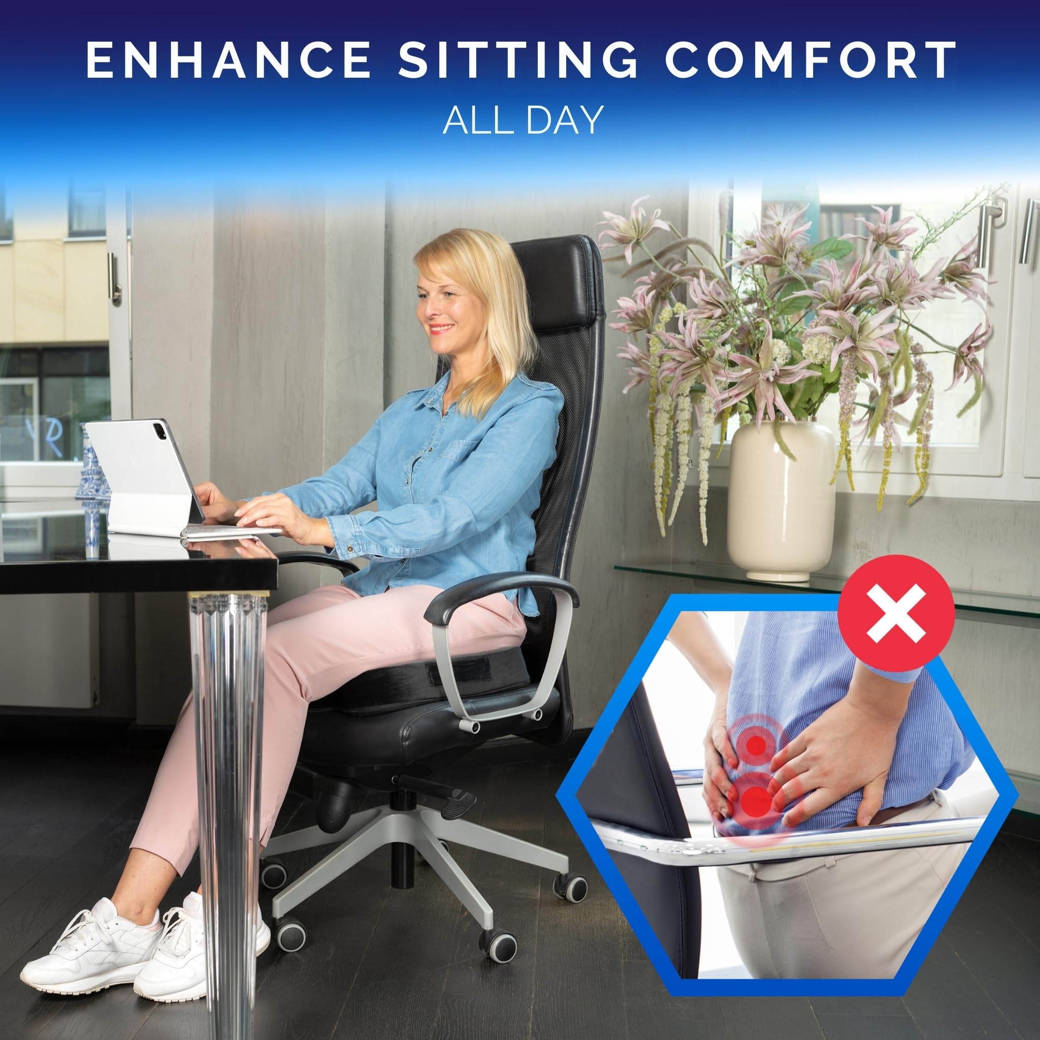 Healthfix Ortopedyczna poduszka do siedzenia do biura, samochodu i innych miejsc – ergonomiczne siedzenie z pianki memory z funkcją odciążającą kość ogonową i kości siedziska (stała (85-135 kg)