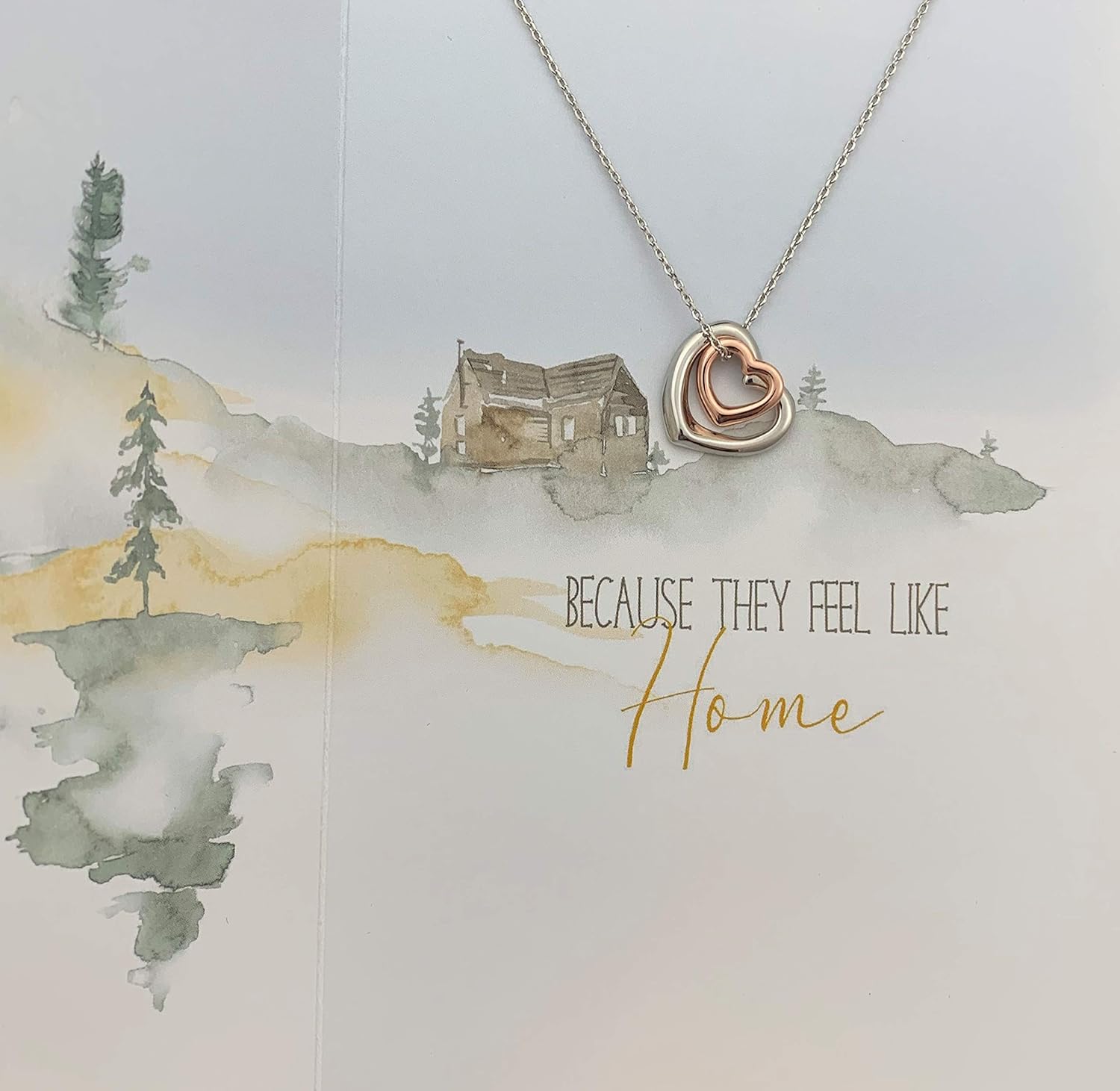 Smiling Wisdom - Some People Will Live in Our Hearts Forever Because They Feel Like Home Watercolor Greeting Card and Heart Necklace - Women - 2 Tone Silver Gold