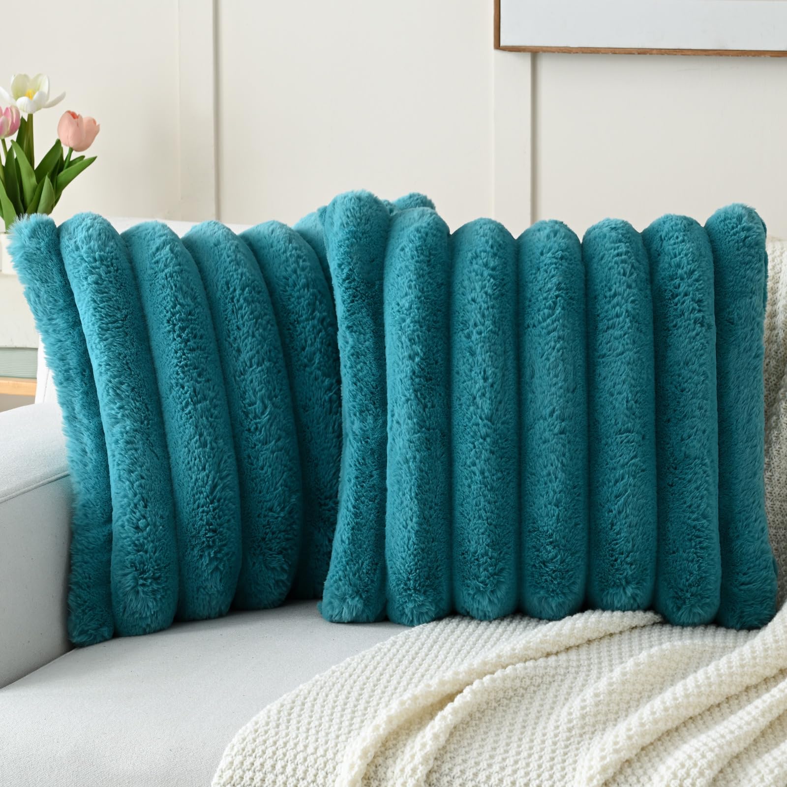 FUTEI Set of 2 Fluffy Faux Rabbit Fur Cushion Covers 65 x 65 cm,Teal โ image 1