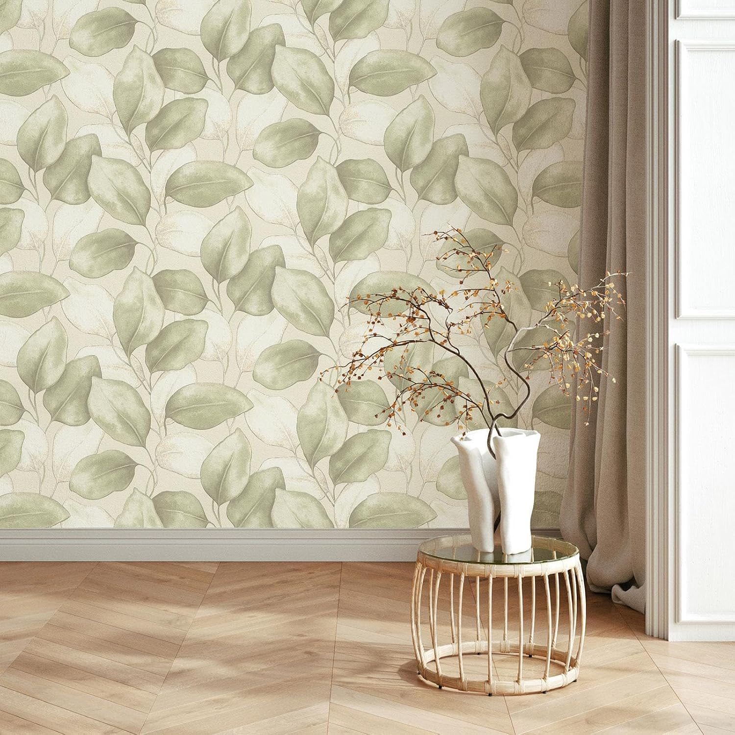 Rasch Opulenza Leaf Trail Textured Vinyl Modern Stunning Wallpaper Soft Grey Perfect for Feature Walls Bedrooms Lounges Hallways Sage 659870