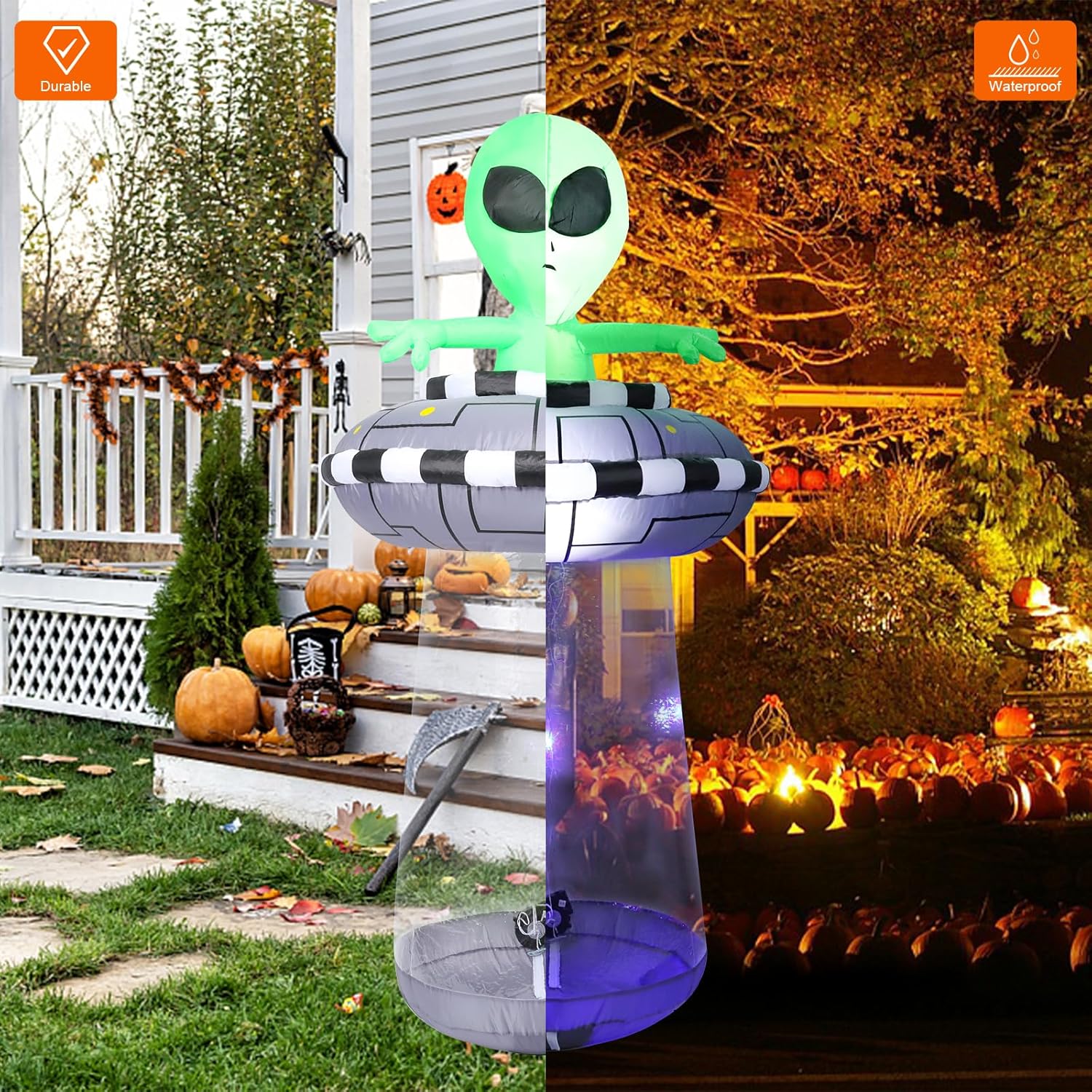 Afirst 6ft Halloween Inflatables UFO Spaceship Outdoor Decoration Halloween Inflatable Alien on UFO Blow Up Yard Decorations with Built-in Lights for Holiday Party Yard Garden