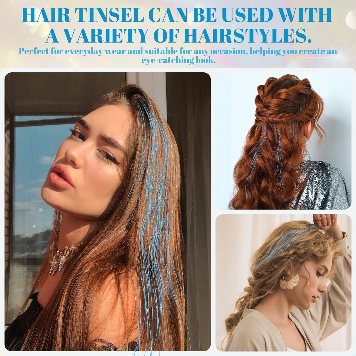 Kit de Tinsel Azul de 47 Pulgadas, Mechones de Extensiones de Pelo Brillante para Mujeres y Niñas, Accesorios de Fiesta