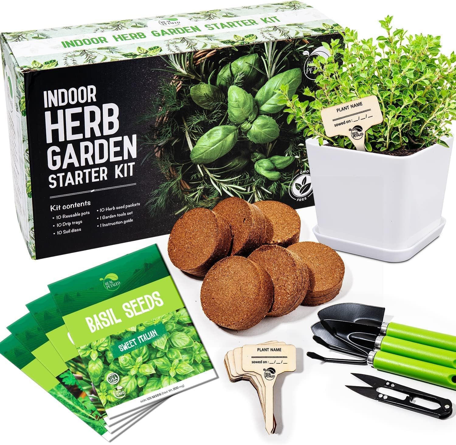 REALPETALED Indoor Herb Garden 7 Non-GMO Herbs– Complete Kitchen Herb Garden with 7 Reusable Pots, Drip Trays, Soil Discs and Seed Packets