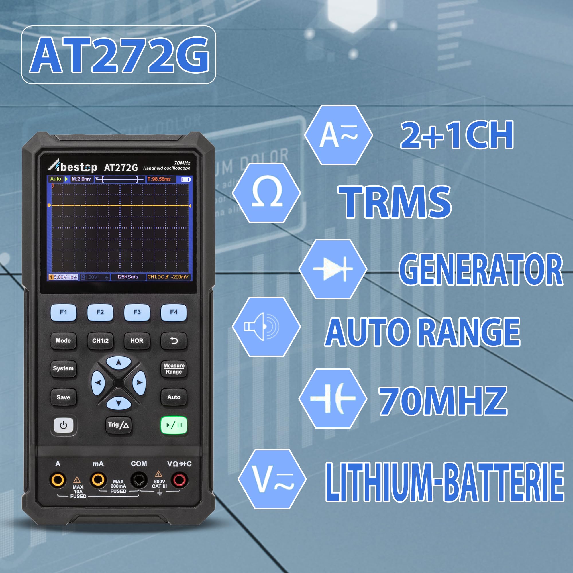 Osciloscopio digital Abestop AT272G de mano de 70 MHz osciloscopio de 2 canales y multímetro de contador de 20.000 funciones 3 en 1 con generador de forma de onda de 1 canal para medición automática
