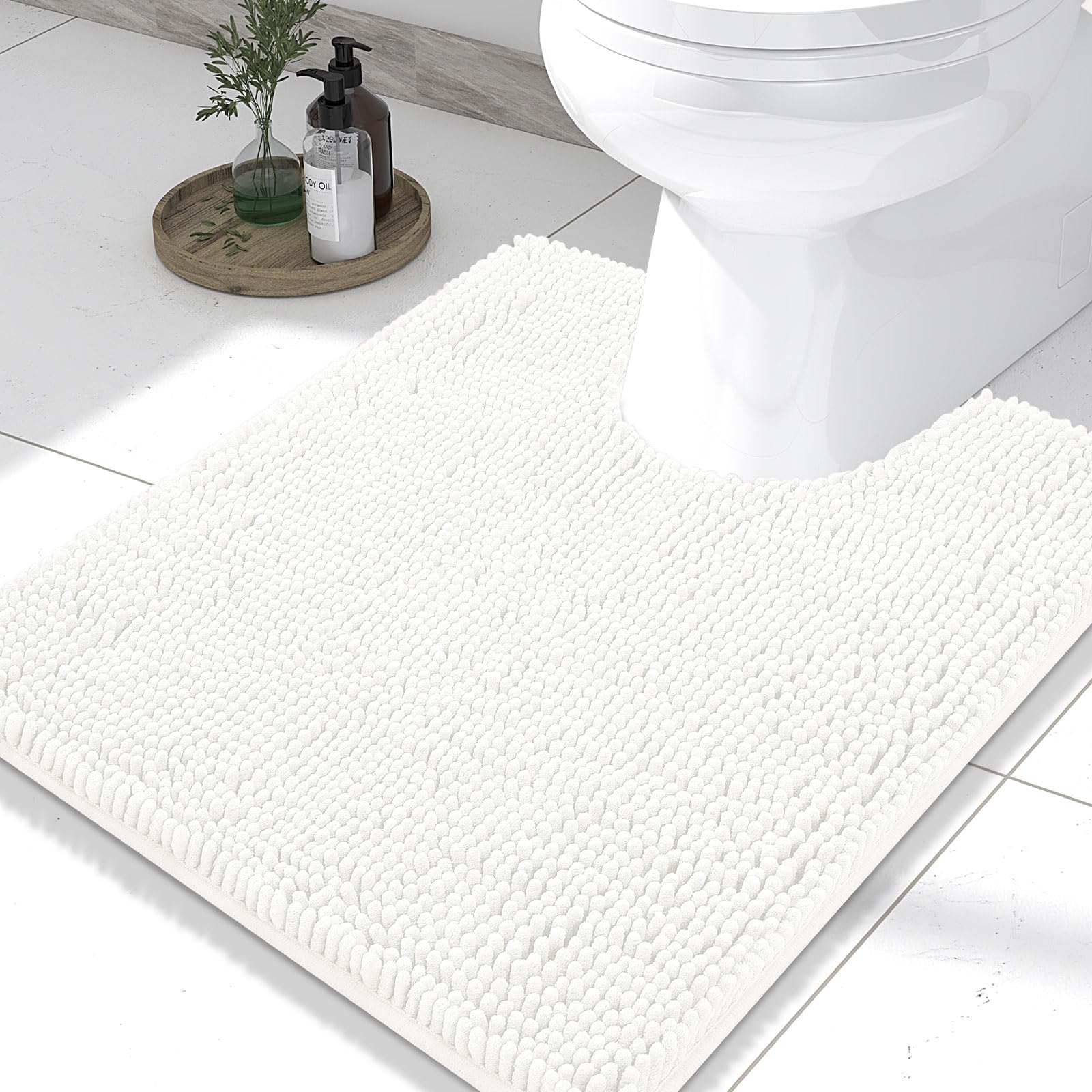 Smiry Luxury Chenille Toilet Rugs U-Shaped 20x20, Soft Absorbent Non-Slip Contour Bathroom Rugs for Toilet, Machine Washable Contoured Bath Mats, Ivory