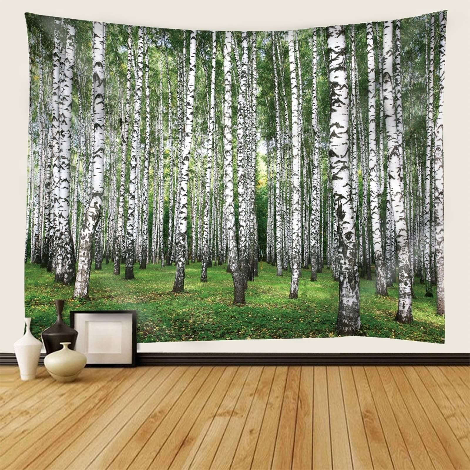 Wystrój salonu estetyczne dekoracje pokoju białe drzewa zielona mikrofibra szer. 240 cm x wys. 240 x 220 cm