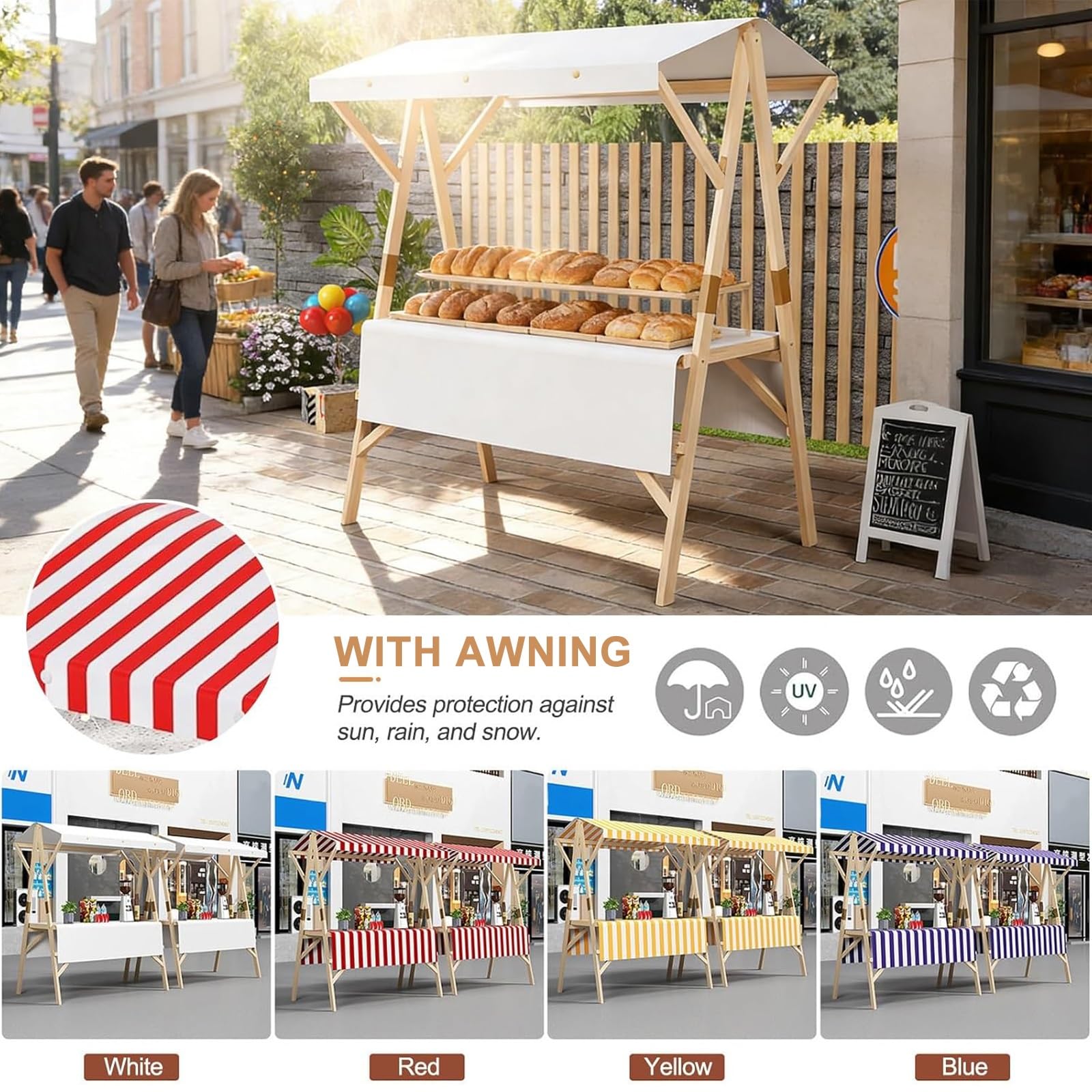 Carretto Ambulante in Legno Pieghevole con Tetto, Carretto per Venditori Ambulanti con Ruote per Festival e Spiagge, Eventi All'aperto, Street Food, Mercati, Portata 550 Libbre(White,150cm/59in)