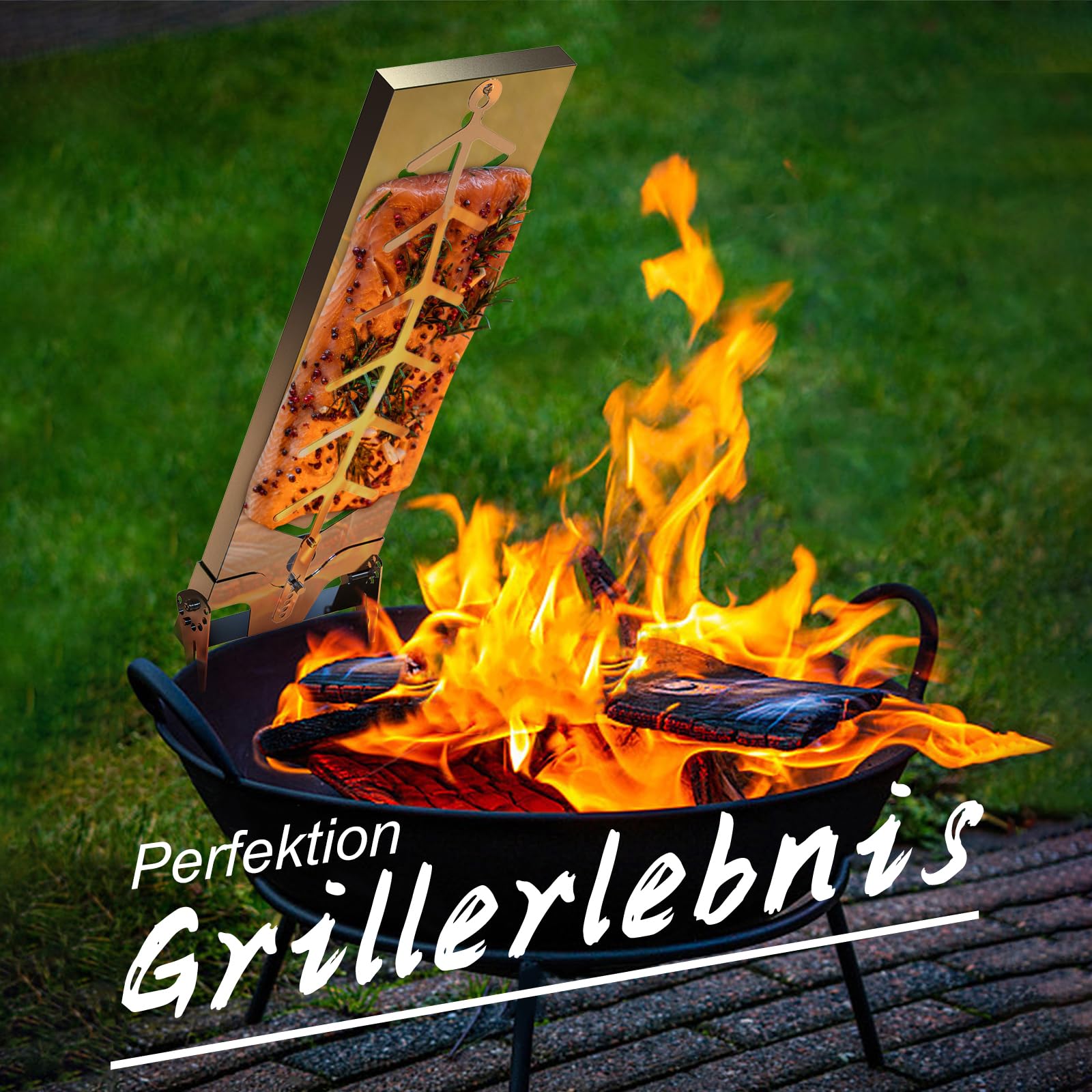 Flammlachsbrett Edelstahl|Extra breit 18cm Flammlachshalter passend für feuerschale und Grills mit Wandstärke bis Weniger als 8mm, Perfekte Alternative zum Flammlachsbrett