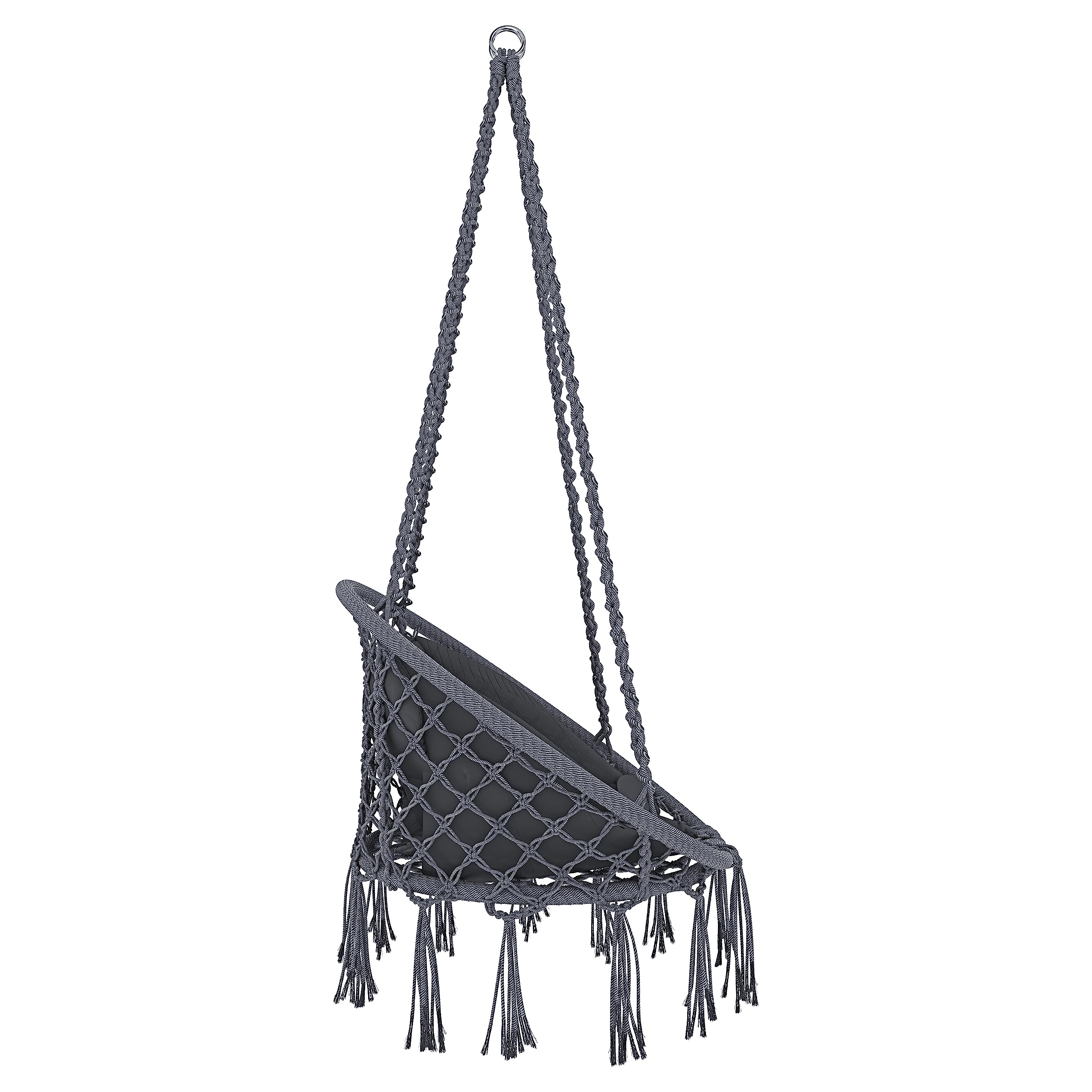 Arreditaly Poltrona Sospesa Da Giardino Corda Di Cotone Effetto Macrame' Struttura Pensile In Acciaio Cuscino Amaca Sedia A Dondolo Con Seduta Imbottita Terrazzo Design Moderno Fino A 160 Kg (Grigio)