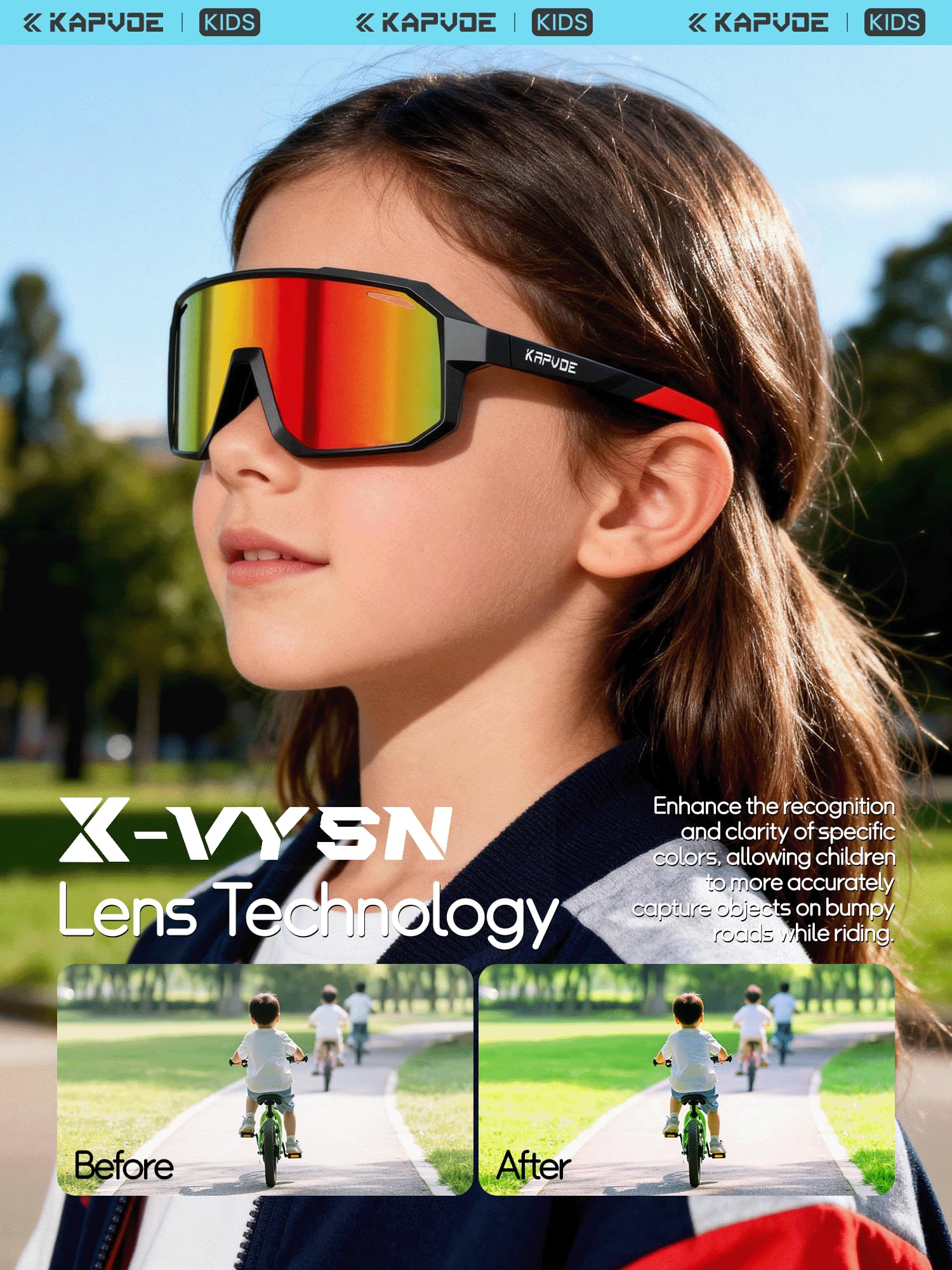 KAPVOE Polarisiert Kinder Sonnenbrille Jugend Fahrradbrille Softball Baseball Tennis TR90 Rahmen UV400 Schutz K9029