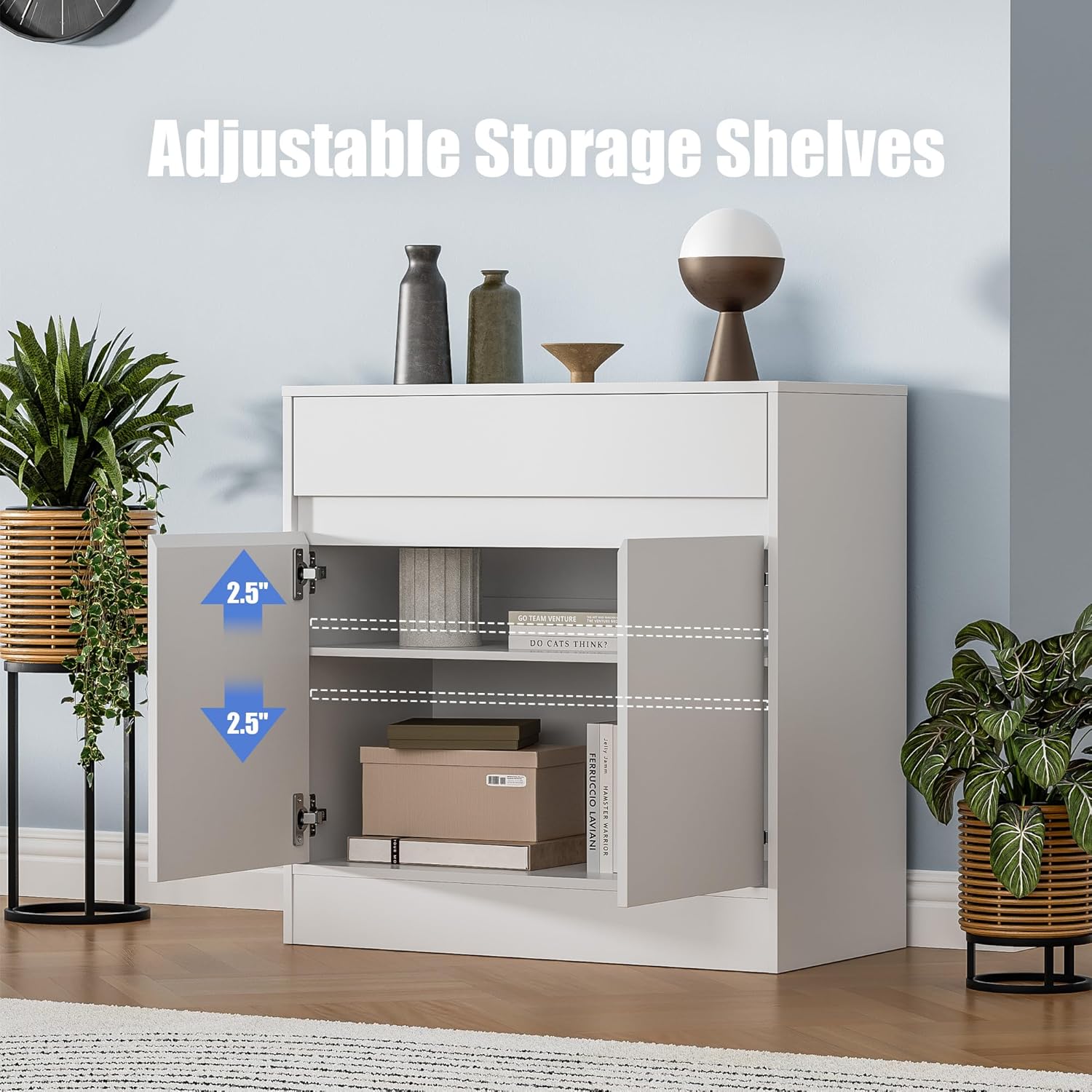 Buffet Cabinet with 2 Doors and Drawer, Coffee Bar Cabinet with Adjustable Shelf, Modern Kitchen Buffet Sideboard for Living Room, Kitchen, White