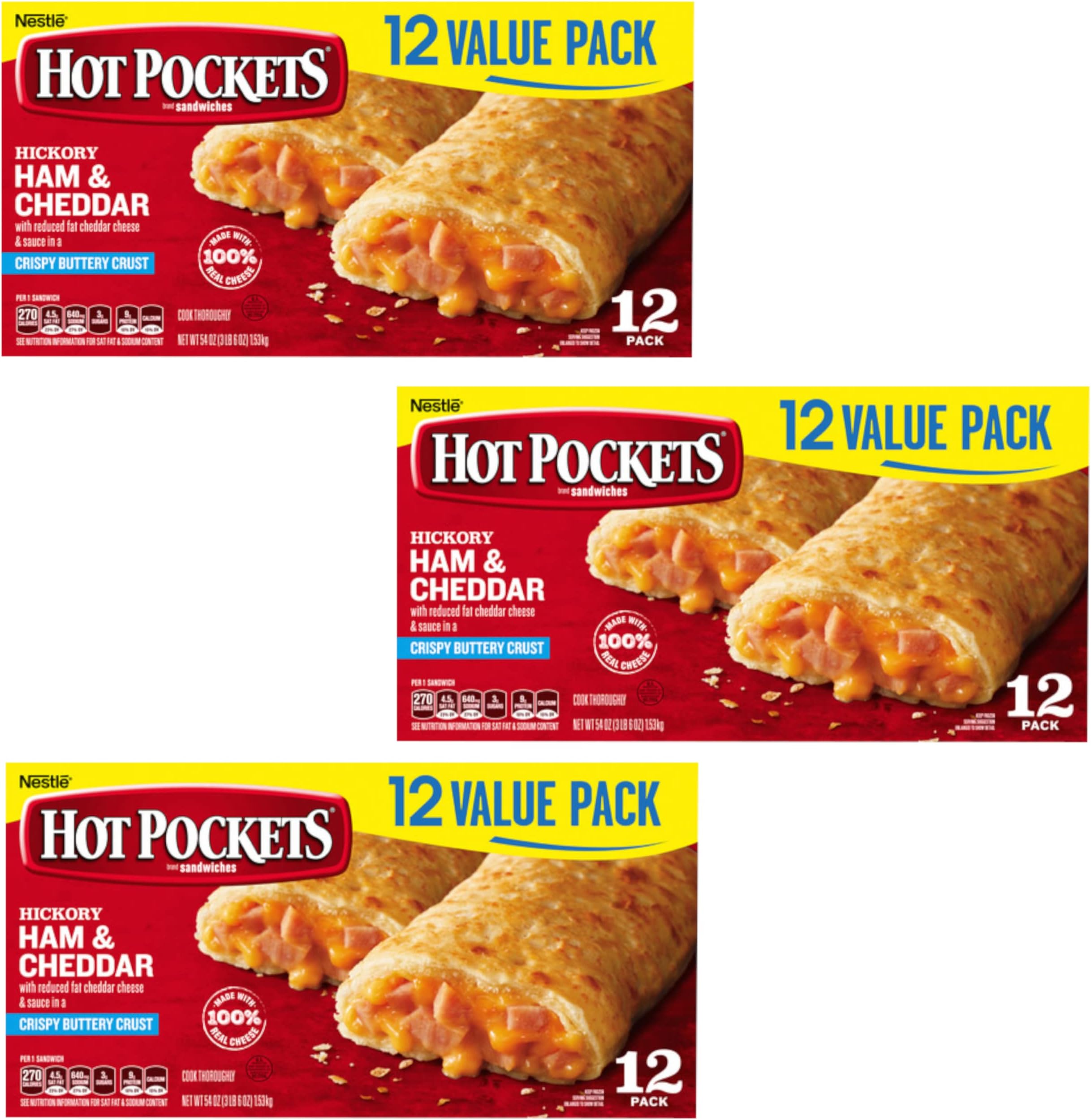 Hot Pockets Hickory Ham & Cheddar with Reduced Fat Cheese and Sauce in a Crispy Buttery Crust - 9 g of Protein Per Serving - Ready Set Gourmet Donate a Meal Program - 3 Pack (12ct, 4.5oz Each)