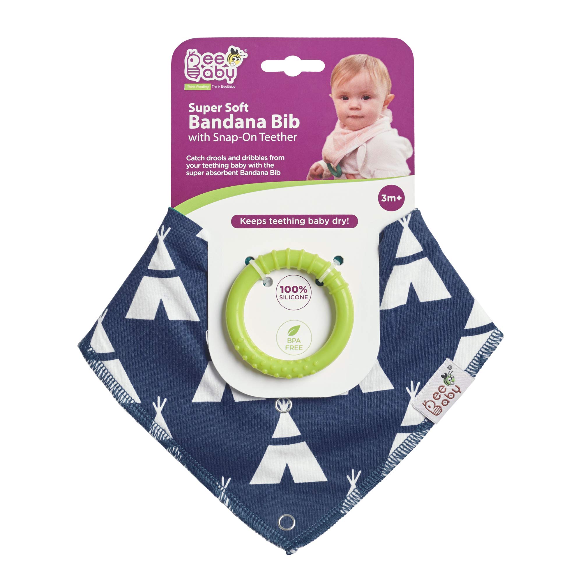BeeBaby Super Absorbent & Soft Bandana Bib with Snap-On Teether. 100% Waterproof & Washable. (Dark Blue - Huts) 3M+-image-43