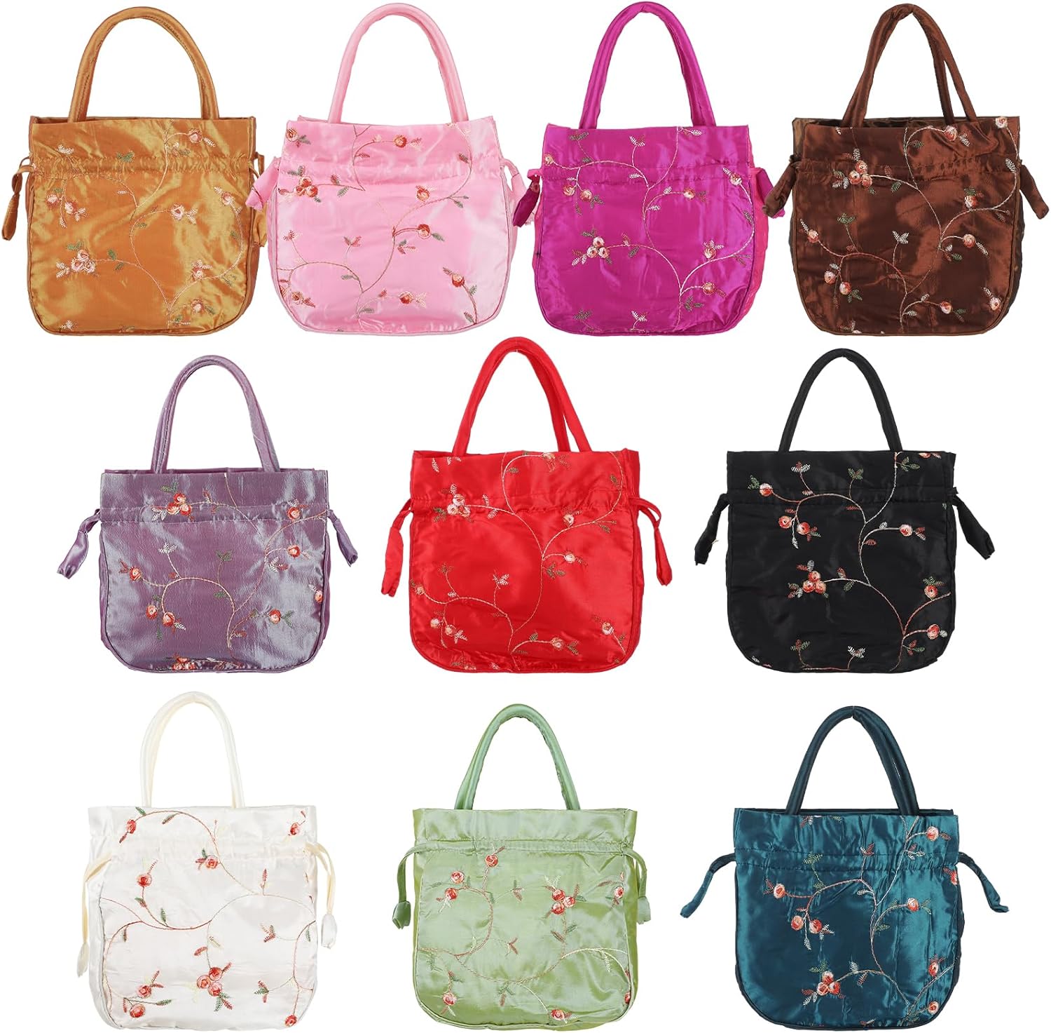 10 Pcs Large Silk Brocade Drawstring Jewelry Pouch Bag, 8.3x7.9x2.4 Inch Retro Embroidery Gift Bags with Handles for Wedding Party Presents, Jewelry, Candy & Snacks Storage