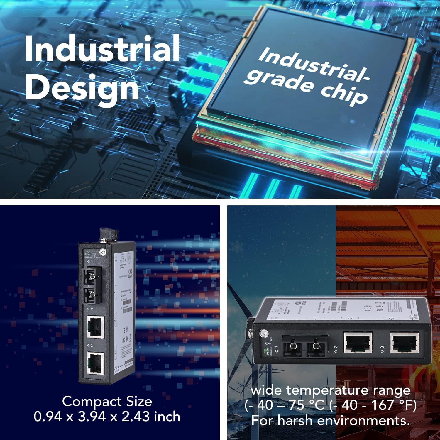 InHand Networks 3-Port Unmanaged Industrial Ethernet Switch, 2*10/100 Base-T(X), 1*100Base-FX, Multi Mode Dual SC Fiber, 1.6Gbps Switching Capacity, IP30, 2KM, UL Certification