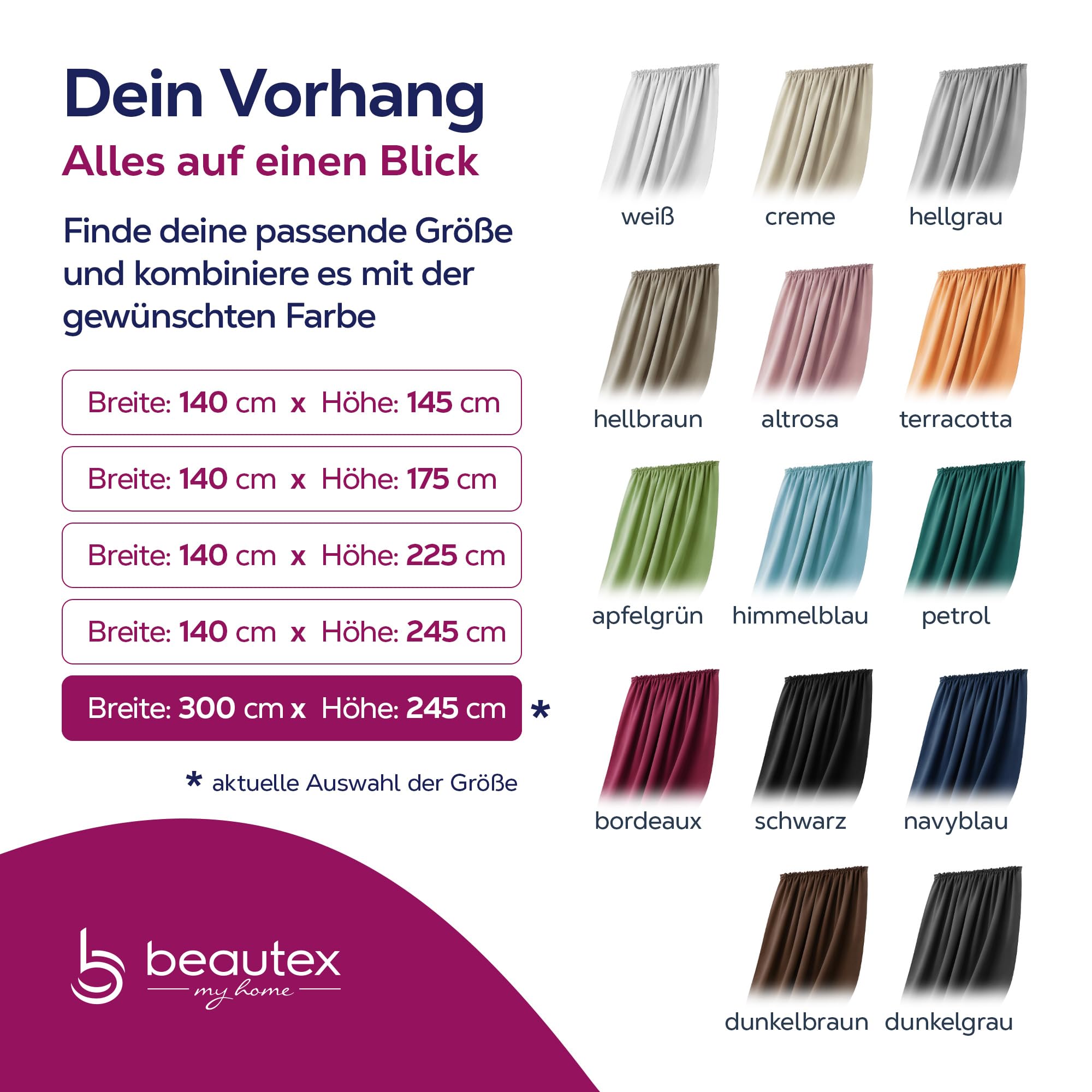 BEAUTEX Rideau occultant avec Bande de Curling U-Band, Rideau assombrissant Opaque, la Taille et la Couleur Peuvent être sélectionnées (Largeur 300 cm. Hauteur 245 cm, Blanc) | Réduction de la lumière, isolation thermique, facile d'entretien, lavable, con