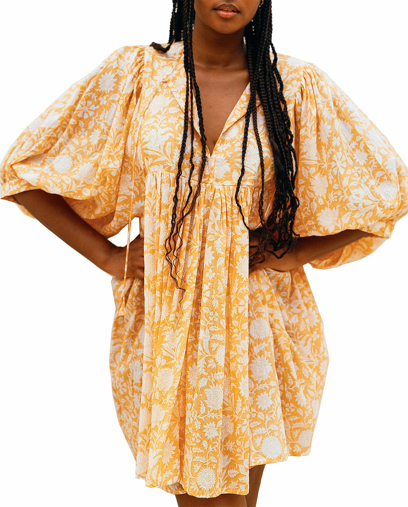 Womens Summer Boho Floral V‑Neck 3/4 Sleeve Babydoll Swing Mini Beach Dress