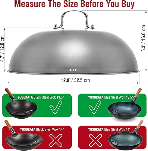 Miniatura 3 de YOSUKATA Tapa de wok de 12.8 pulgadas para wok de 13.5 pulgadas, cubierta de acero inoxidable de alta calidad con orificios de vapor de vidrio