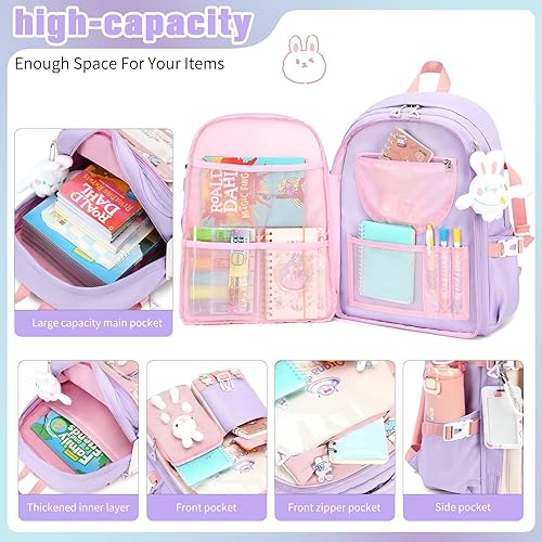 Miniatura 5 de Mochila para niñas, juego de bolsa de libros con lonchera y estuche para lápices, mochilas escolares de conejito kawaii para niña, 3 piezas de