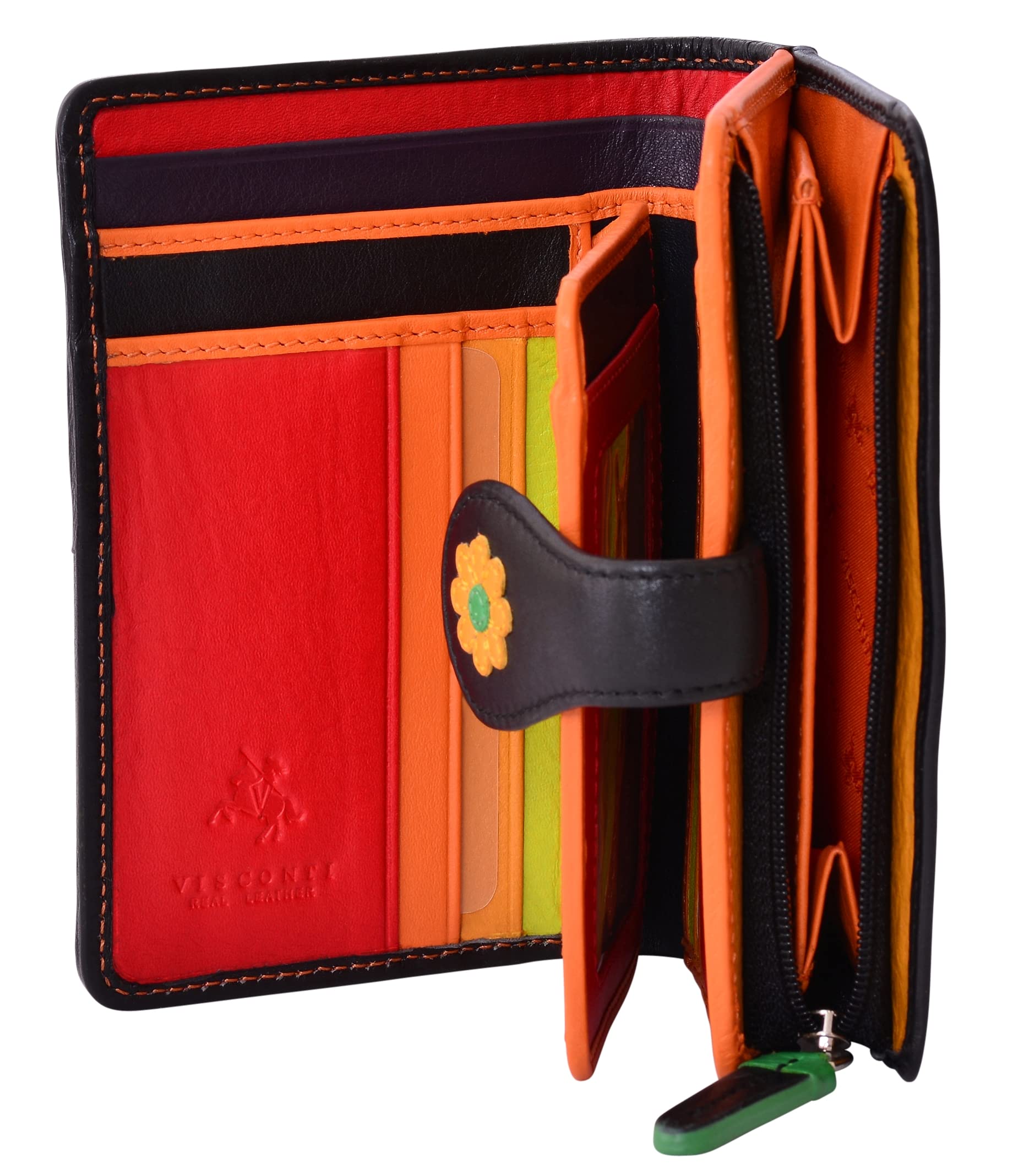 VISCONTI 100% Pur Leder Portemonnaie Damen RFID Schutz Geldbeutel Geldbörse Bifold Mehrfarbig Portmonee in Geschenk-Box Polka Purse (DS82) - Medium 10cm x 14cm - Blumen/Rot