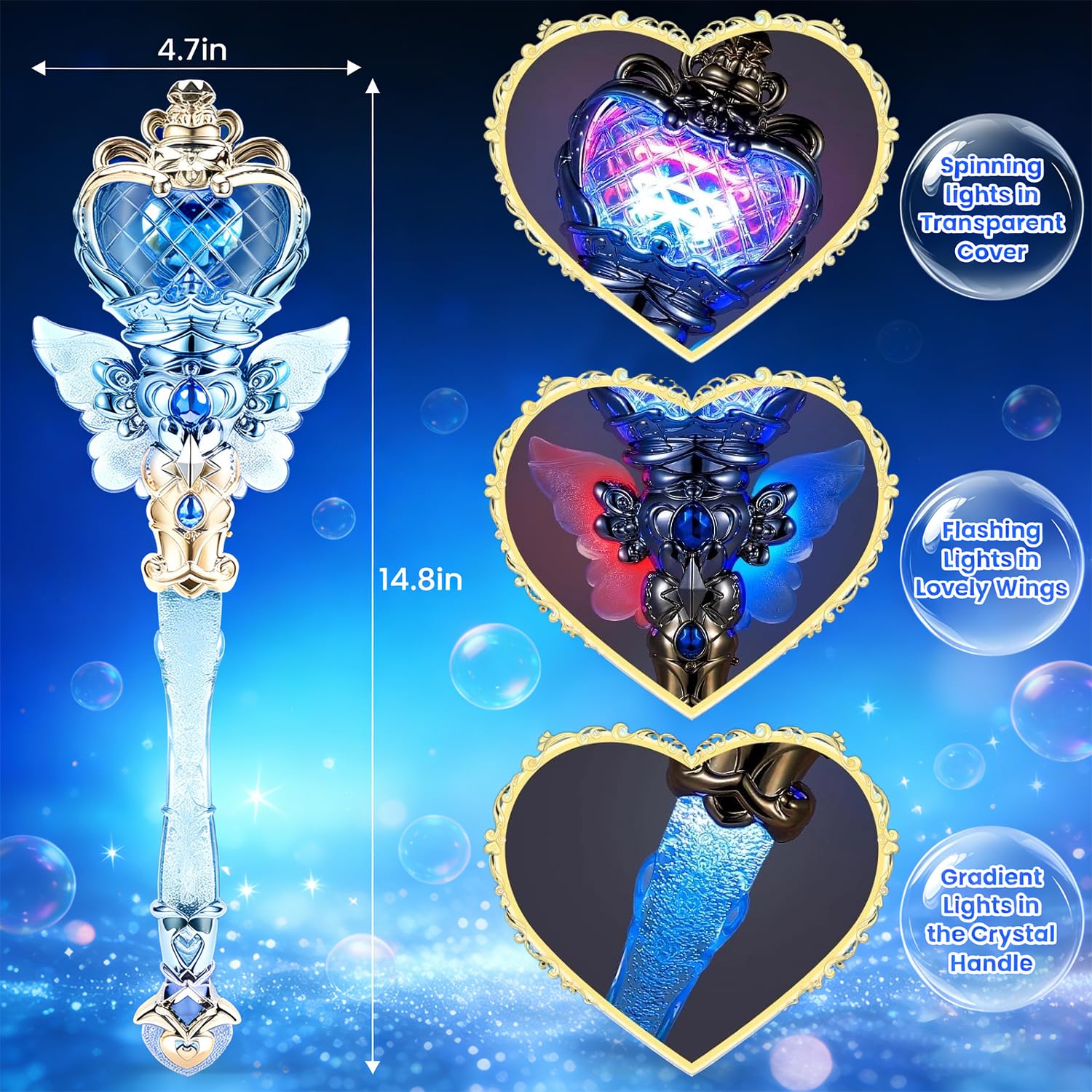 PATPAT® Light-Up Princess Magic Wand with Music, USB Rechargeable LED Fairy Magic Stick with Heart Crown & Angel Wings, Fantasy Role-Play Magical Stick Costume Party, Cosplay, Pretend Play & Gifting 1