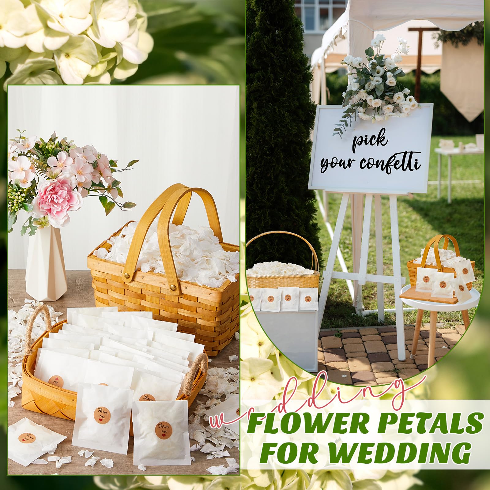 Wavwavw Paquete de 55 confeti biodegradables, pétalos de flores de hortensias secos blancos con 60 calcomanías de confeti de boda, pétalos de flores biodegradables para bodas, ideas de envío,