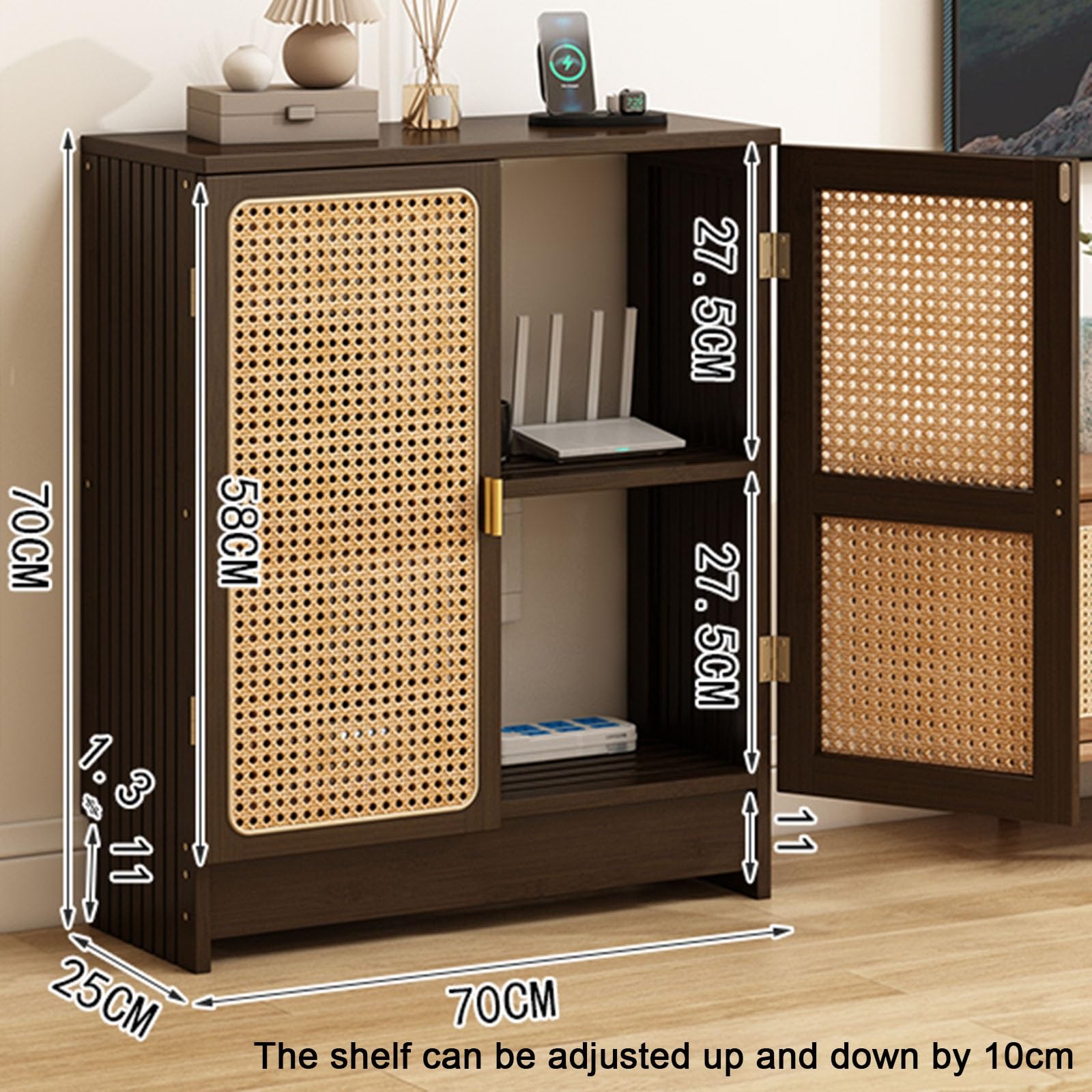 Router Wi-Fi, organizer, szafka do zarządzania kablami, do domu, biura, regulowane półki, stojąca, brązowa, 70 x 25 x 70 cm