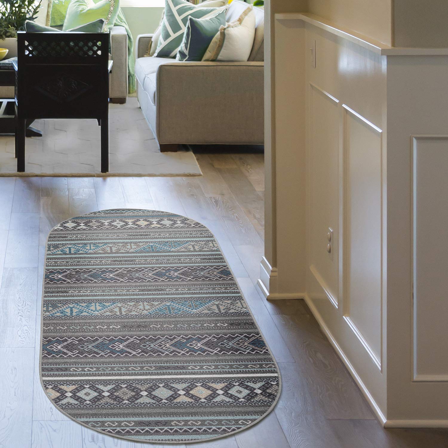 Antep RugsAlfombras Non-Skid (Non-Slip) 2x5 Rubber Backing Moroccan Geometric Low Profile Pile Kitchen Area Rugs (Gray, 2' x 5' Oval)