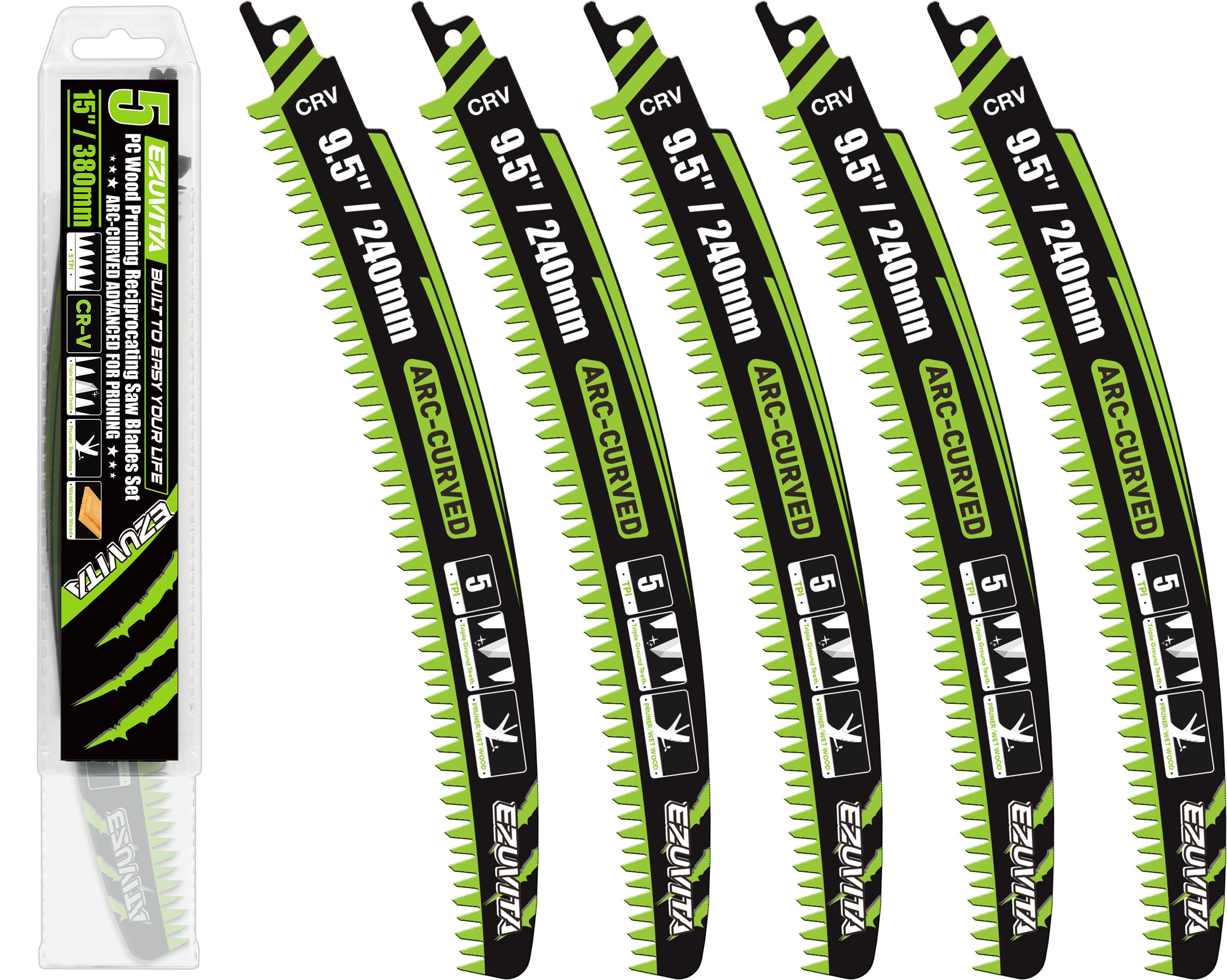 EZUVITA 9.5-Inch Arc Curved Reciprocating Saw Blades Set with Storage Box – 5 Pieces, 5 TPI, CR-V Steel for Tree Trimming & Wood Pruning