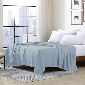 Cathay Home Hotel Luxury Wrinkle & Fade Resistant Double Brushed Ultra Soft Microfiber 1-Piece Single Flat Sheet - Blue Fog, Queen 90" x 102"