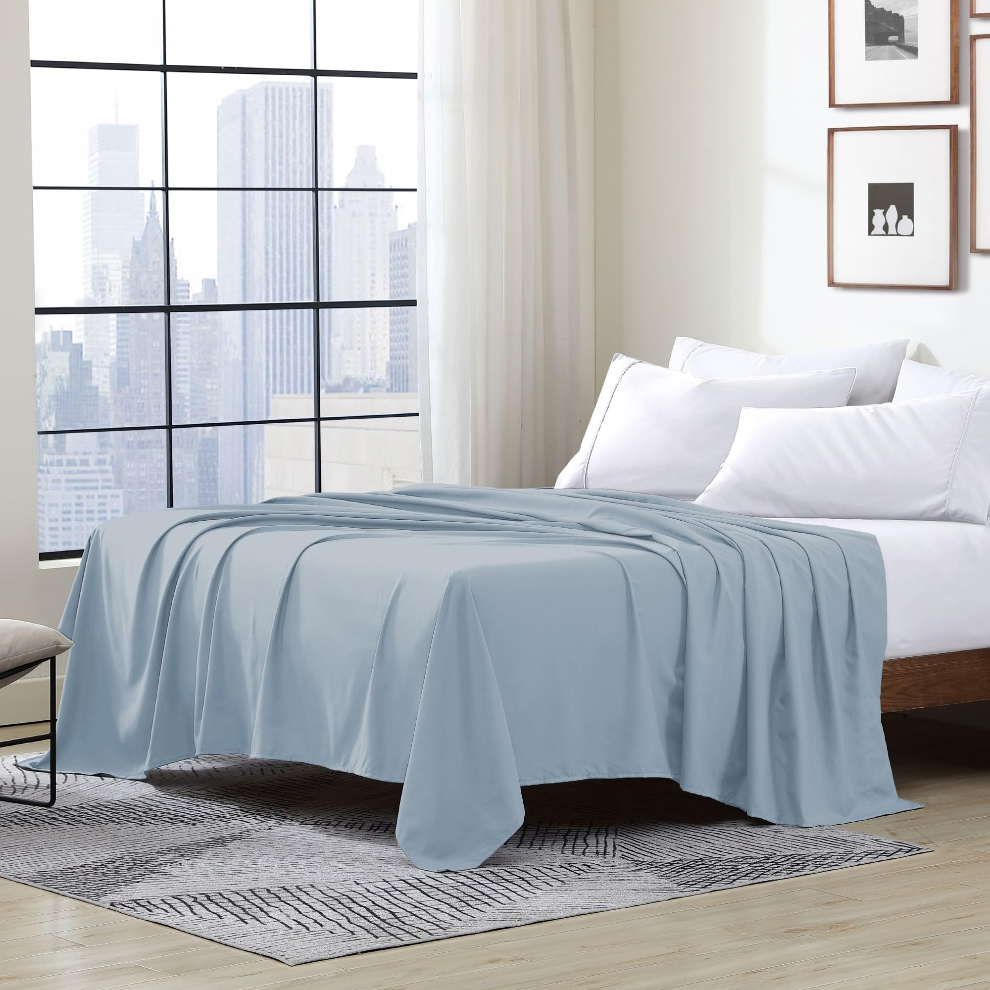 Cathay Home Hotel Luxury Wrinkle & Fade Resistant Double Brushed Ultra Soft Microfiber 1-Piece Single Flat Sheet - Blue Fog, King (102" x 105")