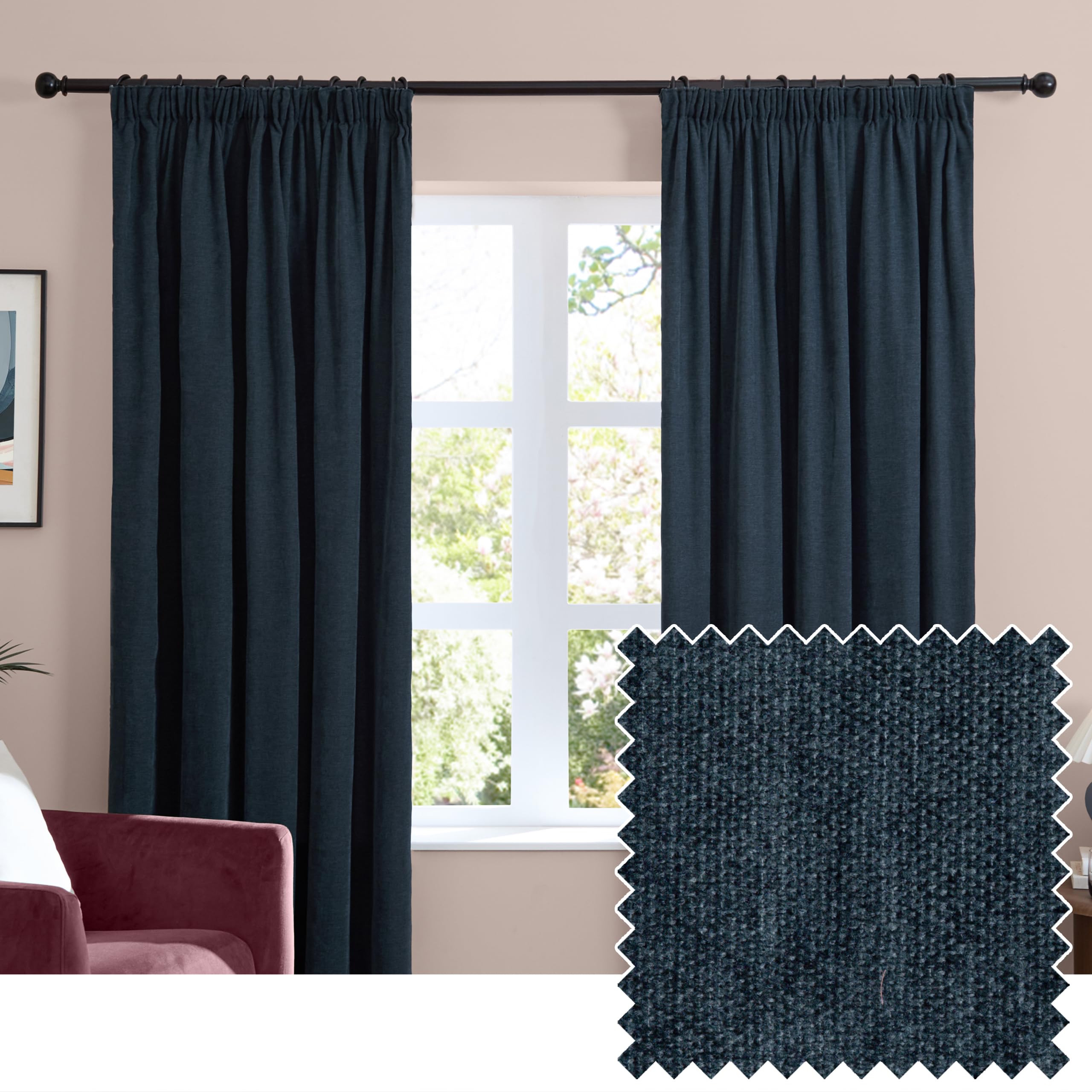 furn. Soft Chenille Blackout Pencil Pleat Curtain Pair – Soft Touch Matt Textured Lined Minimalist Curtains (Navy - 117x137cm)