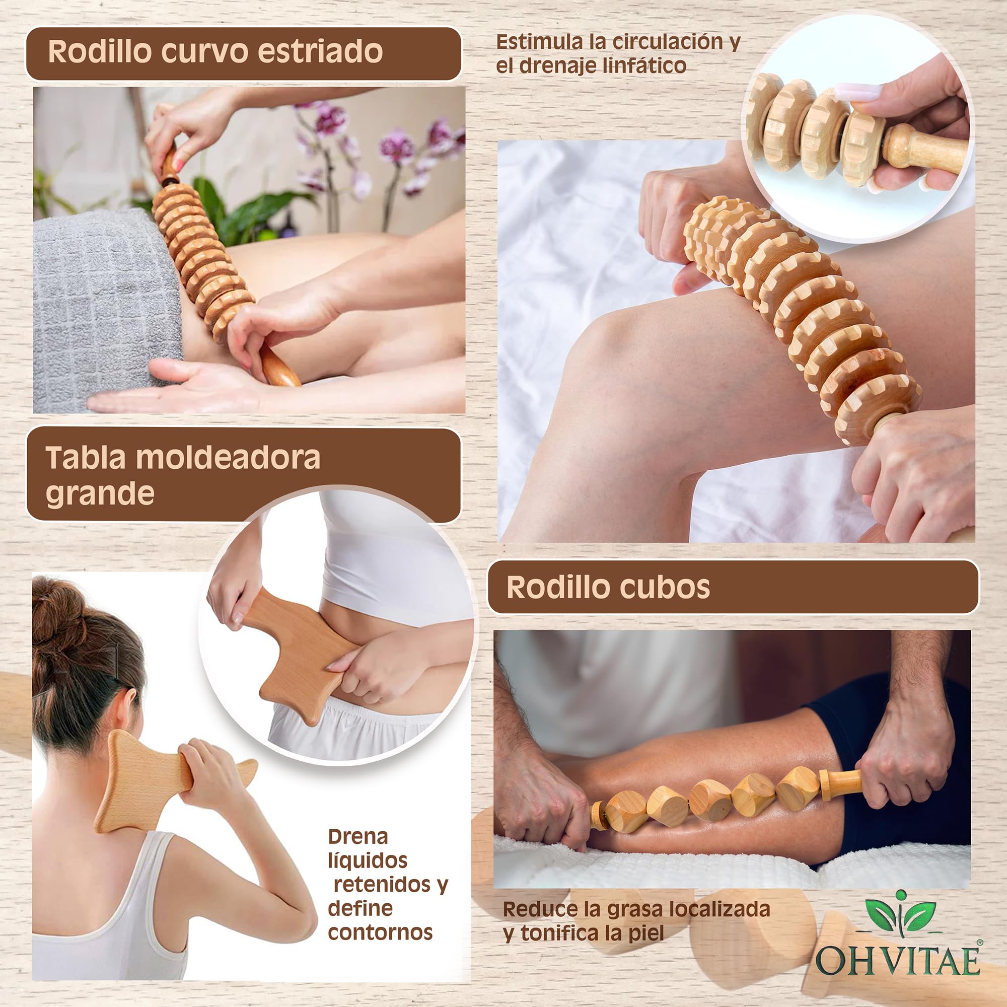 kit maderoterapia corporal profesional con 6 herramientas bolsa de transporte y guía QR. Tratamiento completo de maderoterapia corporal celulitis para masaje reductor y tonificación natural
