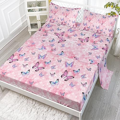 Datura home Juego de sábanas de 4 piezas con sábana bajera y sábana encimera para niñas, diseño de mariposas y flores rosas con 1 sábana encimera y